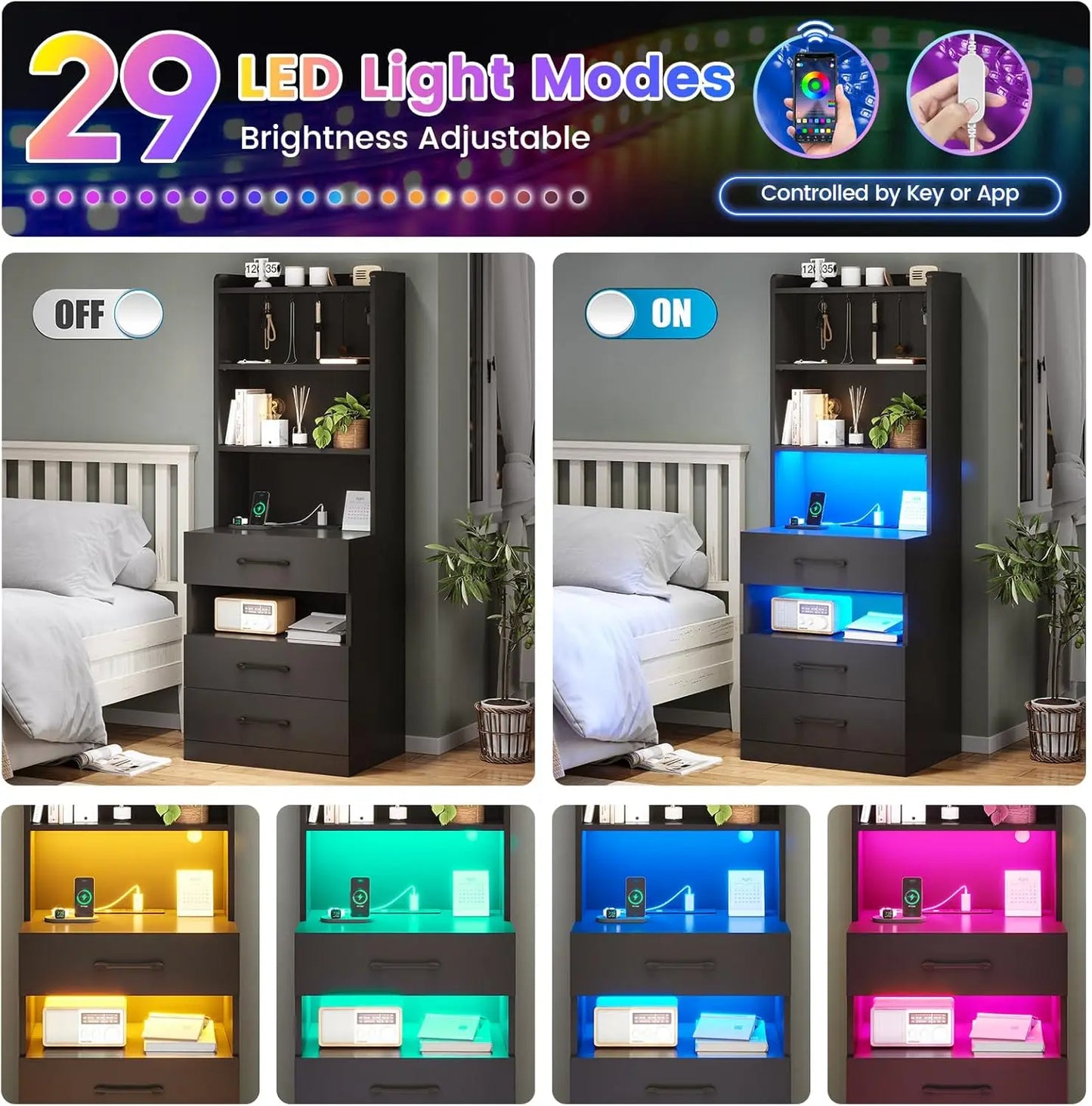 AOGLLATI Tall Nightstand With Charging Station And LED Lights