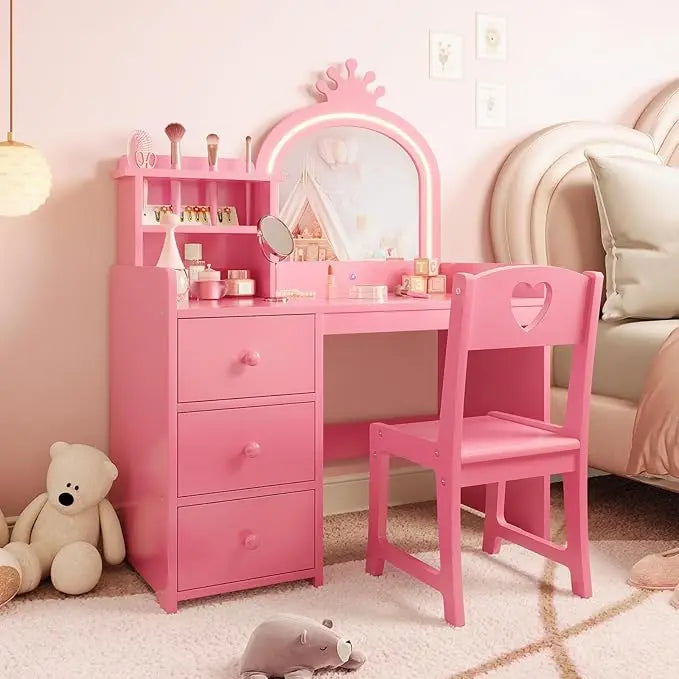 HiMISS Kids Vanity With Lights Princess Makeup Desk And Chair