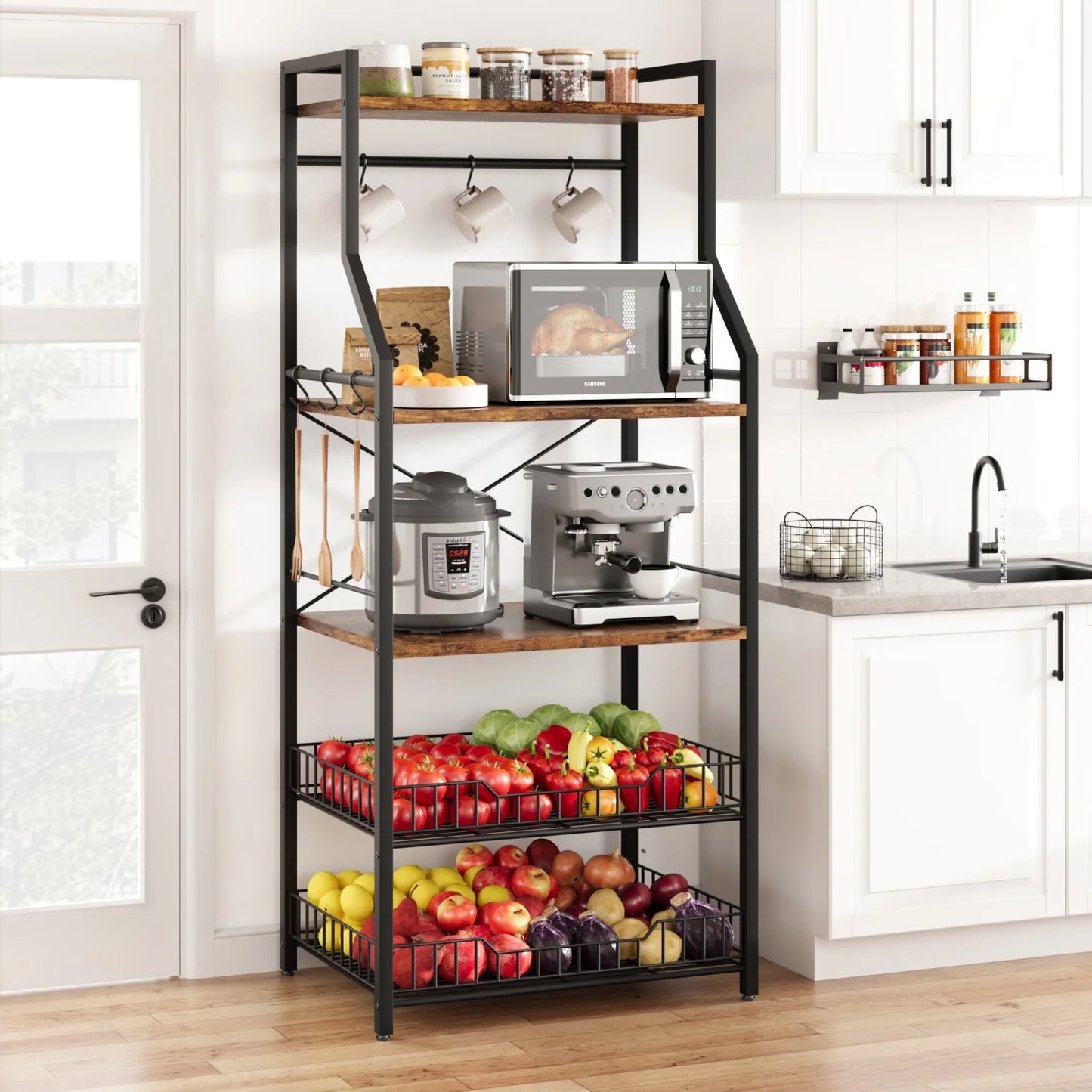 HiMISS Kitchen Bakers Rack Microwave Stand With Wire Baskets