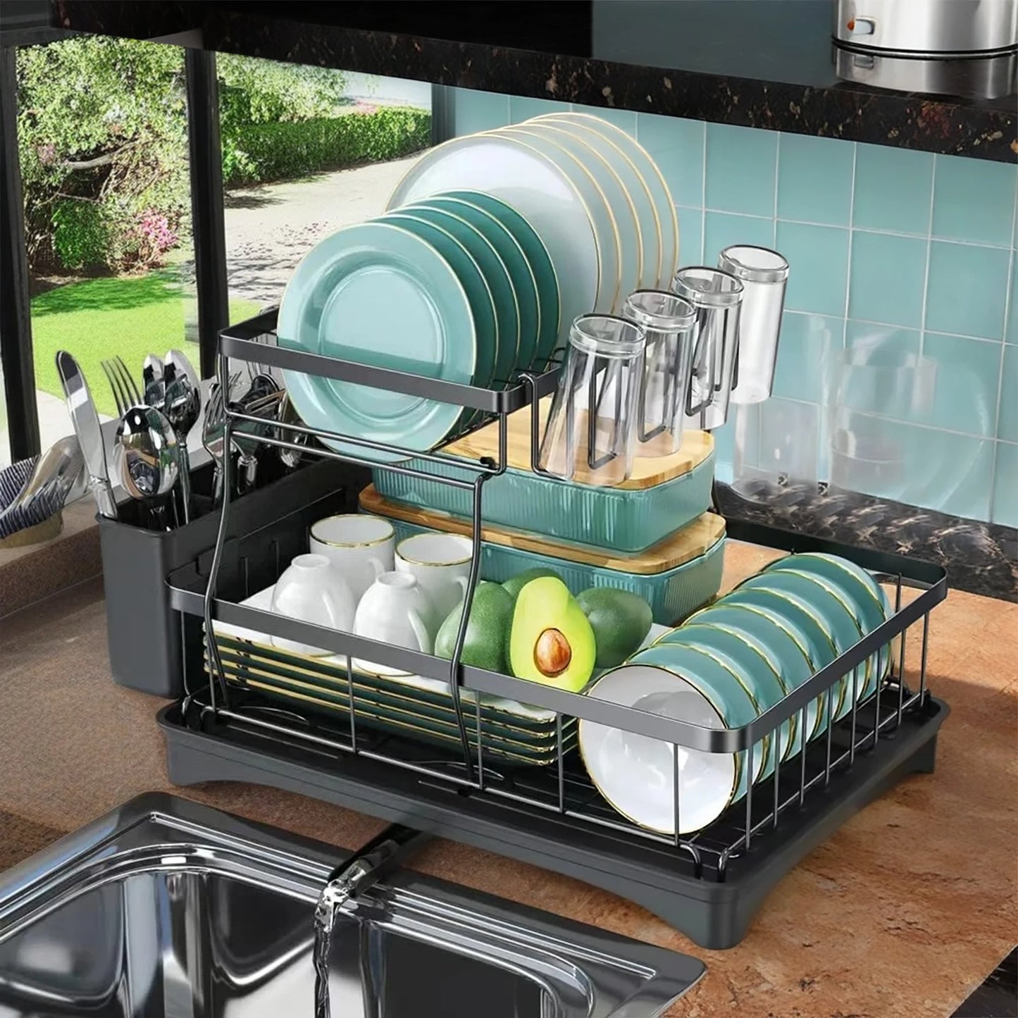 Two Tier Dish Drying Rack For Kitchen Countertop Removable
