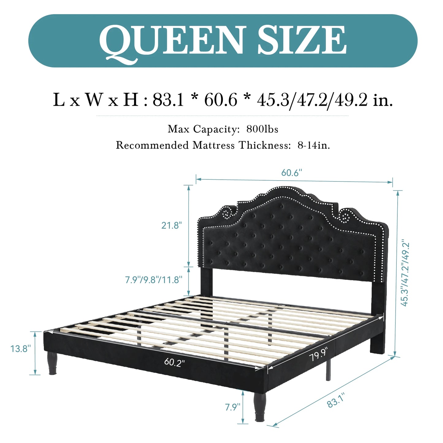 HOOMIC Velvet Bed Frame With Adjustable Diamond Tufted Tiara Headboard
