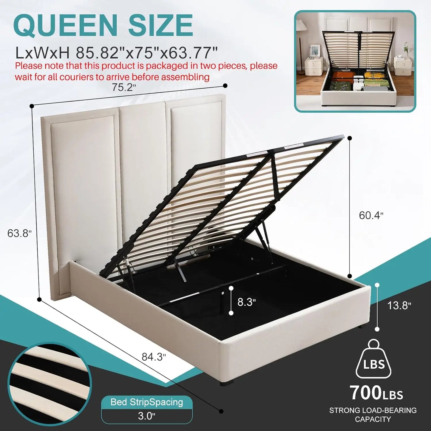 Queen Linen Upholstered Platform Bed With Storage Drawers