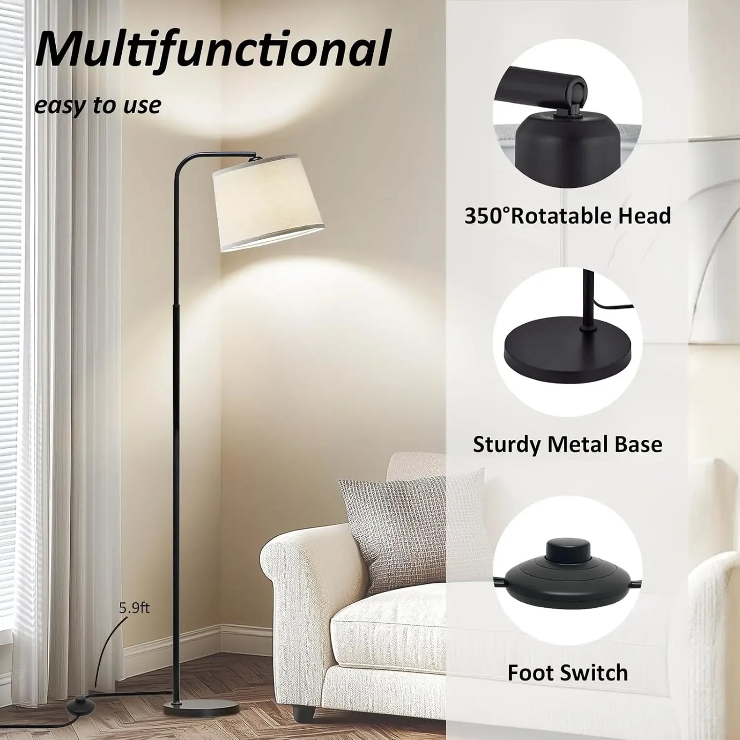 Modern Arc Floor Lamp With 3 Color Temperatures Adjustable Head