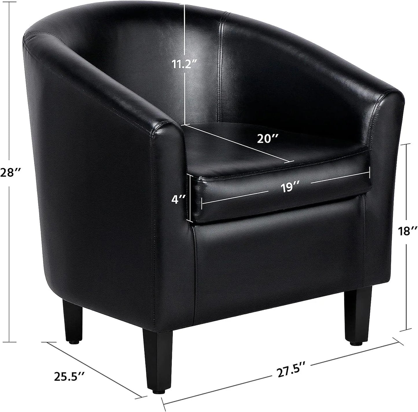 Barrel Chairs Set of 2 Faux Leather Club Armchairs PU Accent Chairs with Padded Seat for Living Room Black