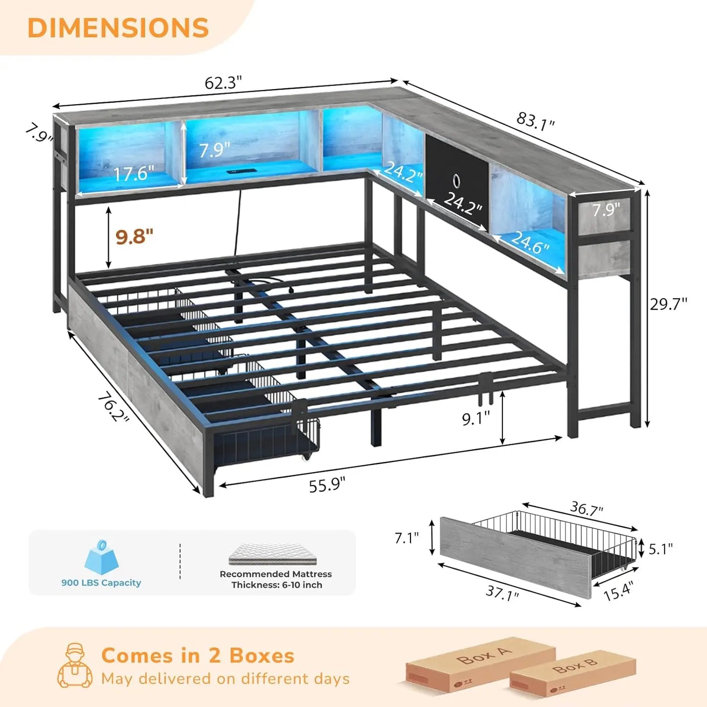 Corner Full Bed Frame With LED Bookcase And Charging Station Daybed