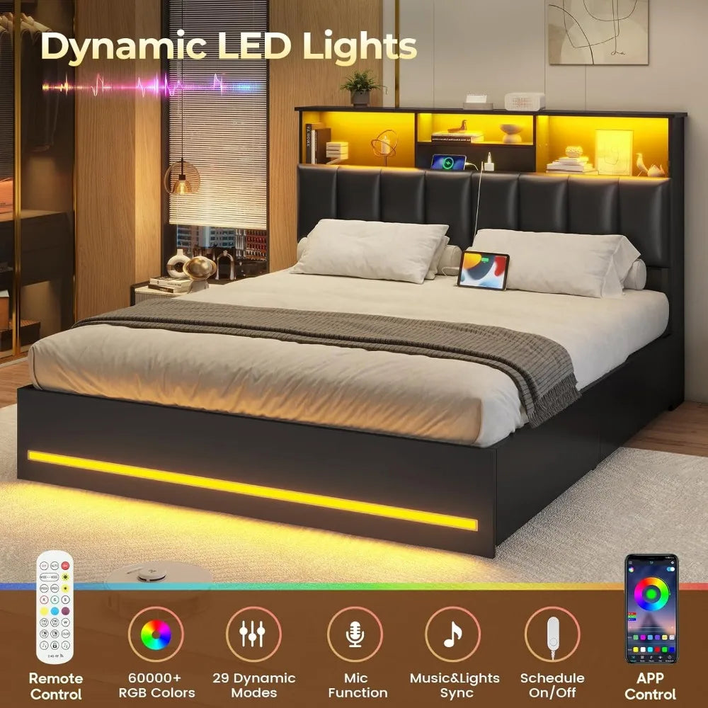 Bed Frame With Bookcase Headboard LED Lights And Charging Station