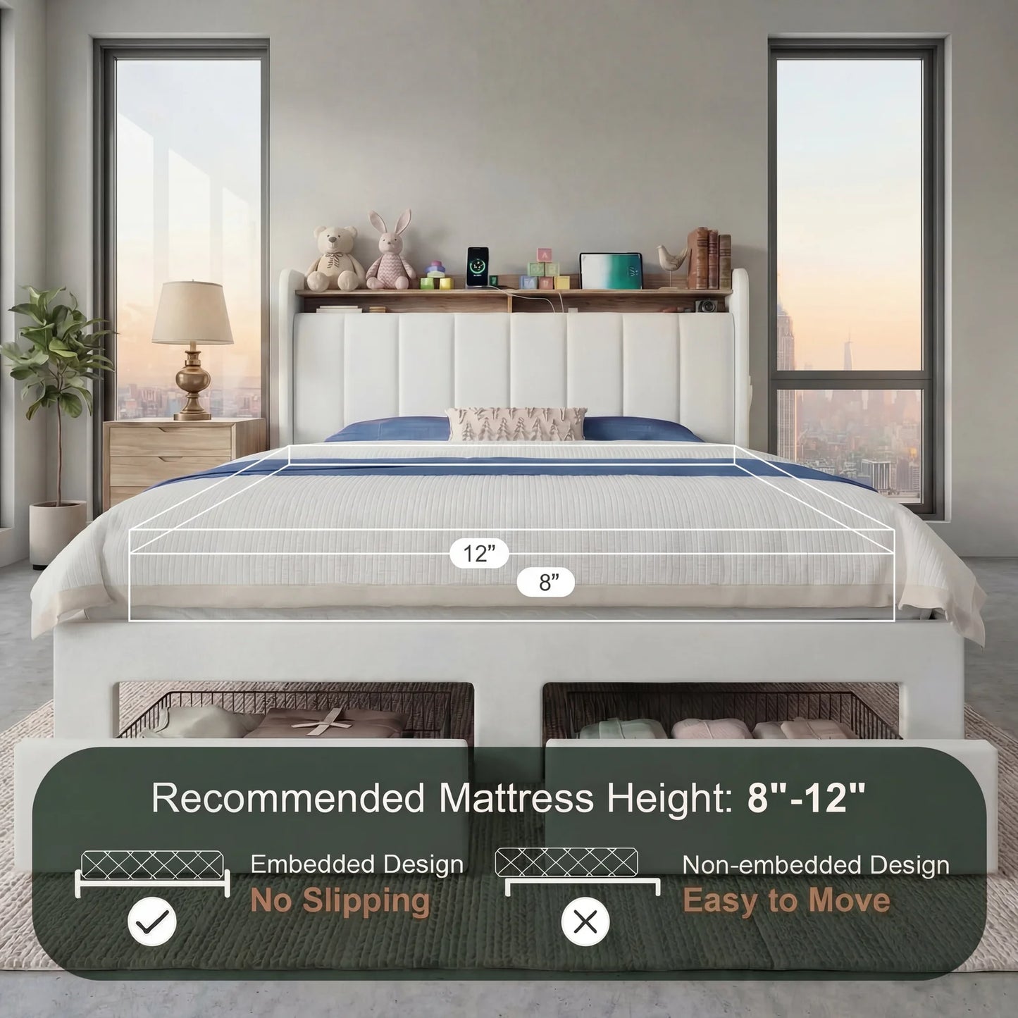 HOOMIC Bed Frame With LED Lights 2 Storage Drawers Shelves No Box Spring Needed