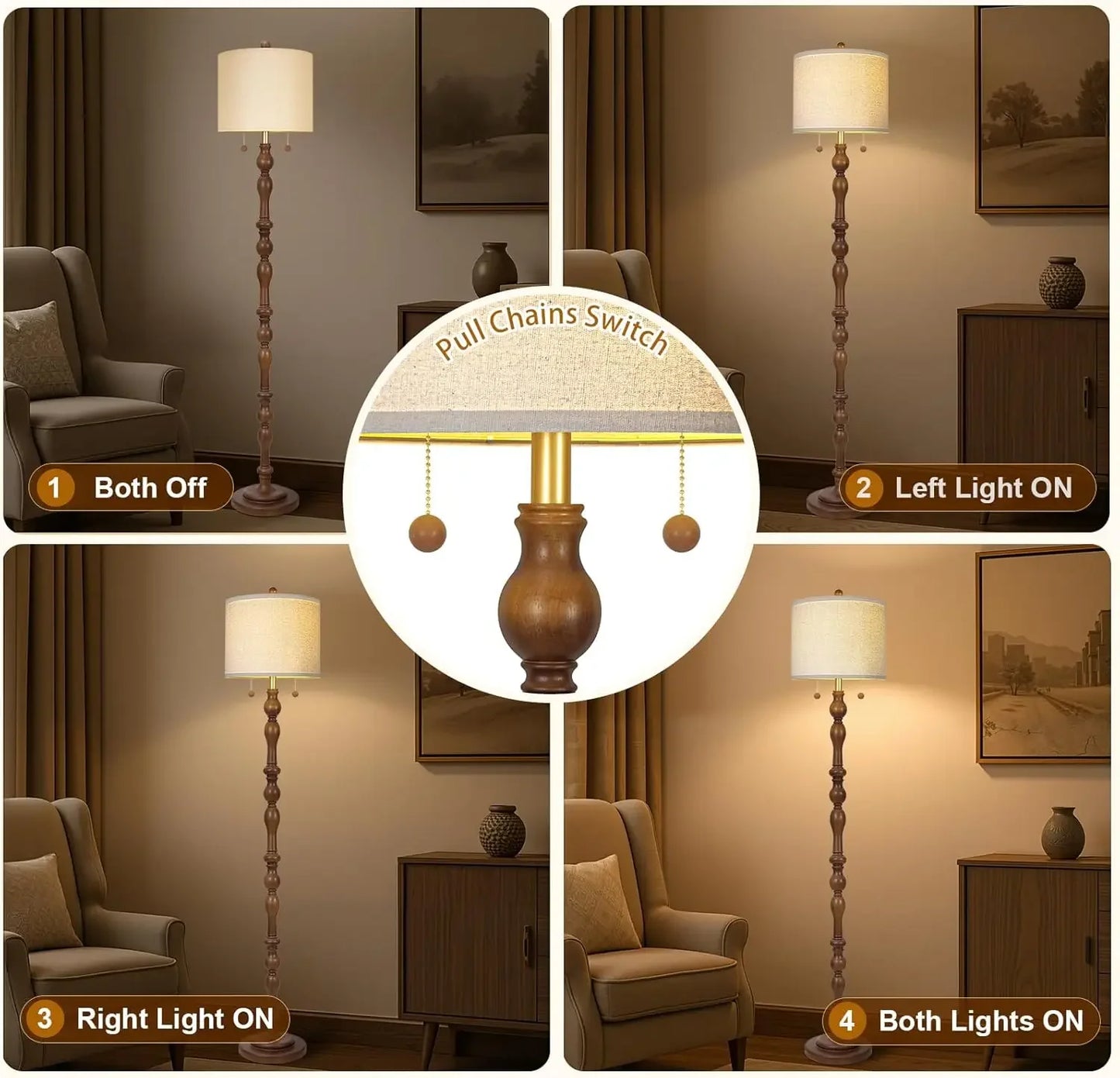 Natural Real Wood Floor Lamp With S Cluster Pull Chains