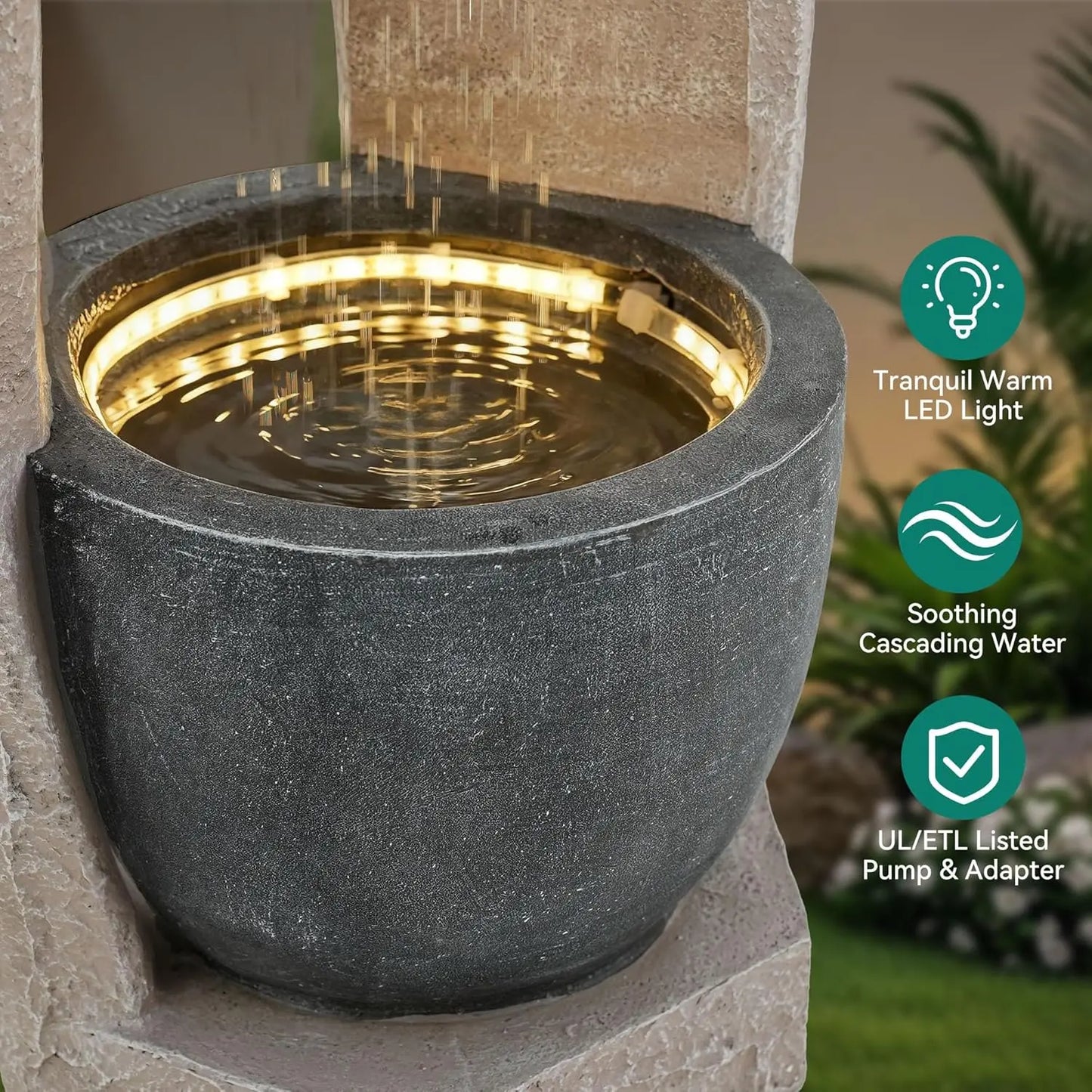 Outdoor Fountain Modern Geometric Two Bowls Water Feature LED Lights