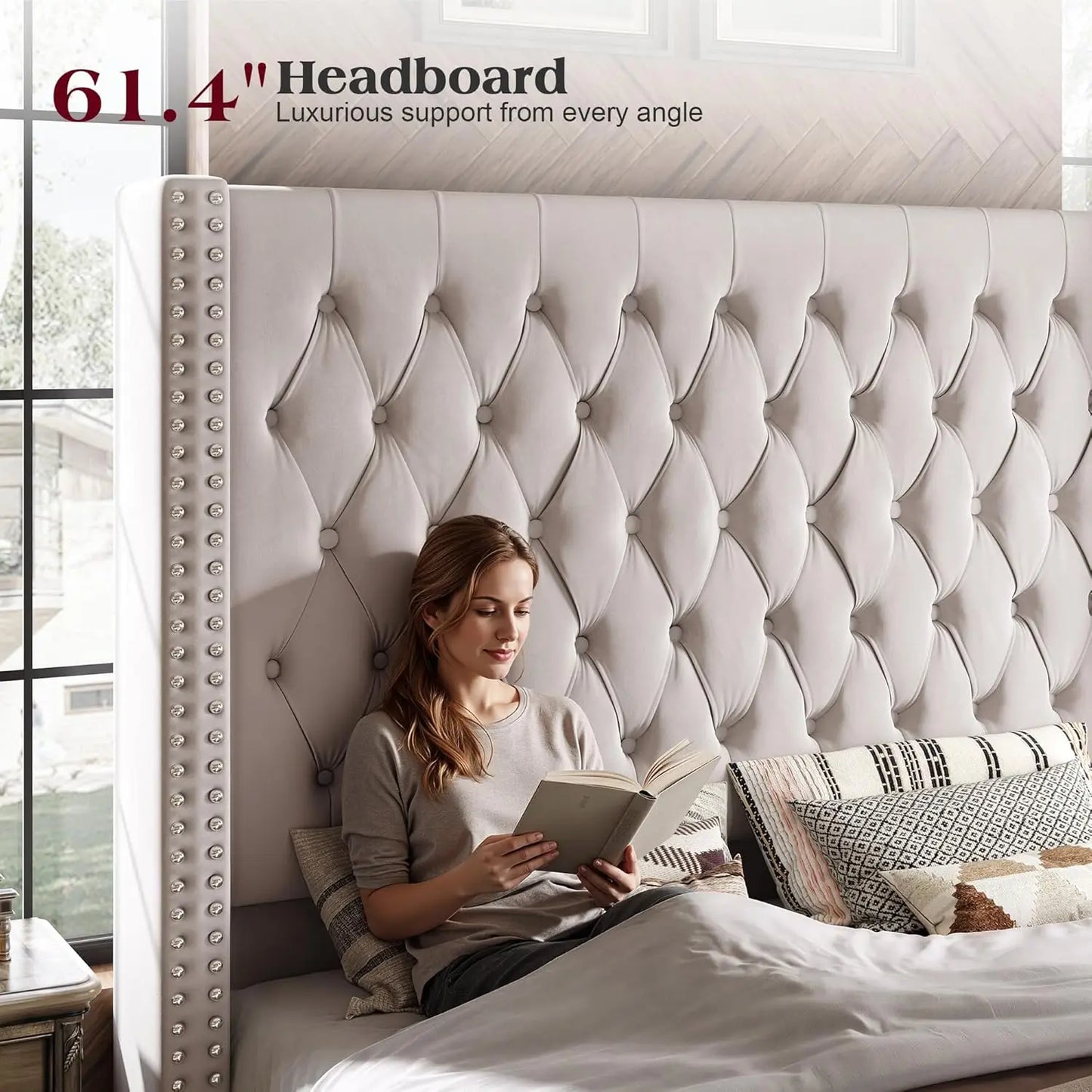 Velvet Platform Bed Frame With Tufted Headboard No Box Spring