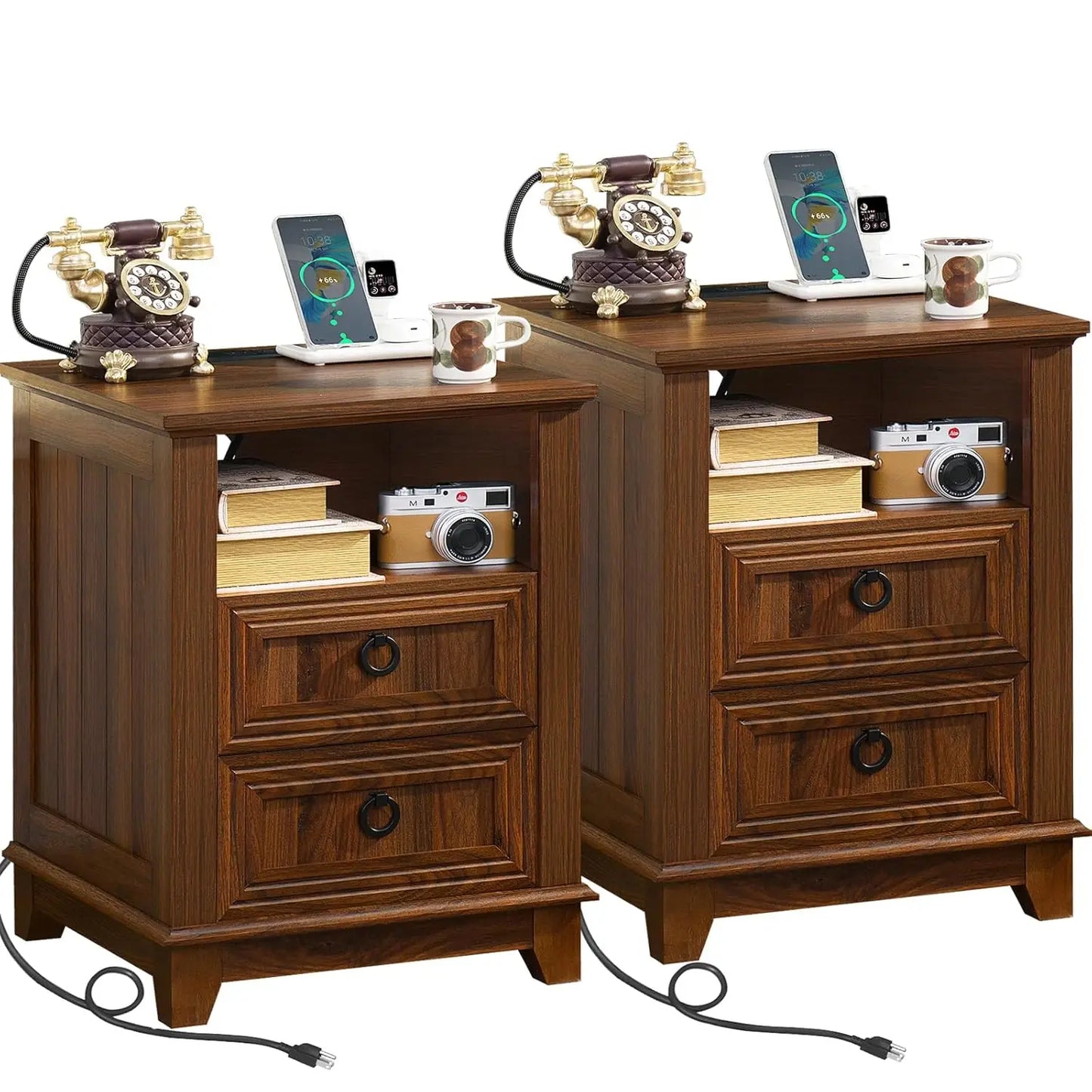 Farmhouse Night Stands Set 2 With Charging Station And Drawers