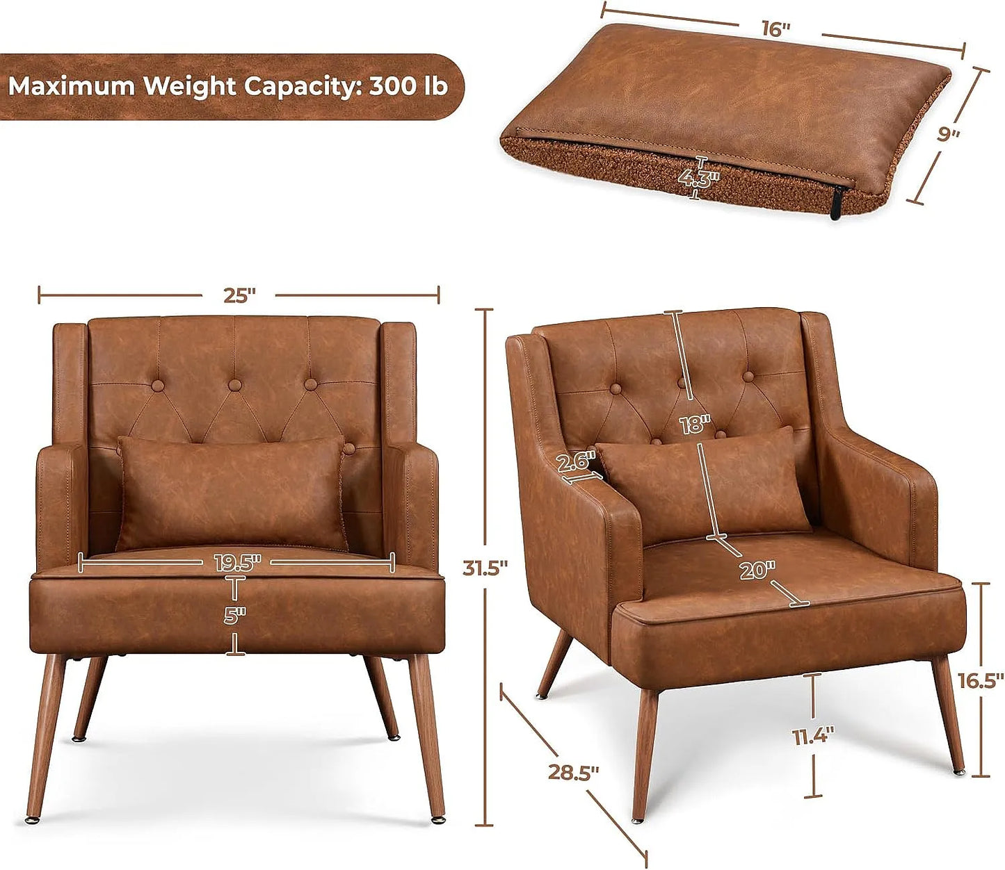 2PCS Mid Century PU Leather Accent Chair with Lumbar Pillow, Comfy Upholstered Armchair for Living Room Bedroom Brown