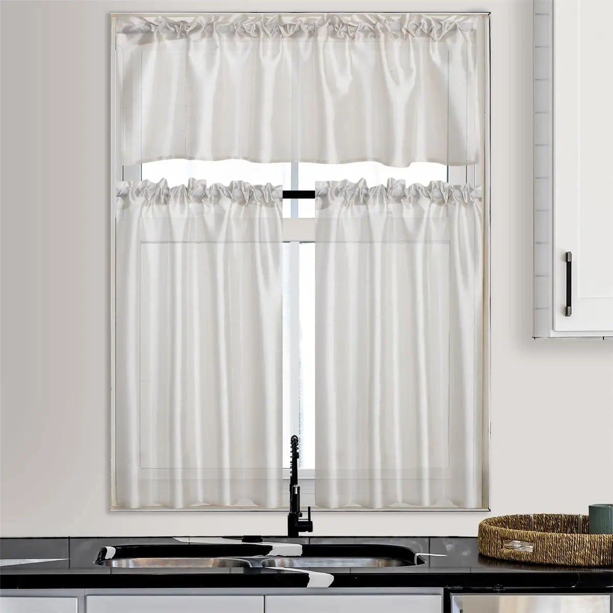 Three Panel Rod Pocket Faux Silk Sheer Curtains With Valance
