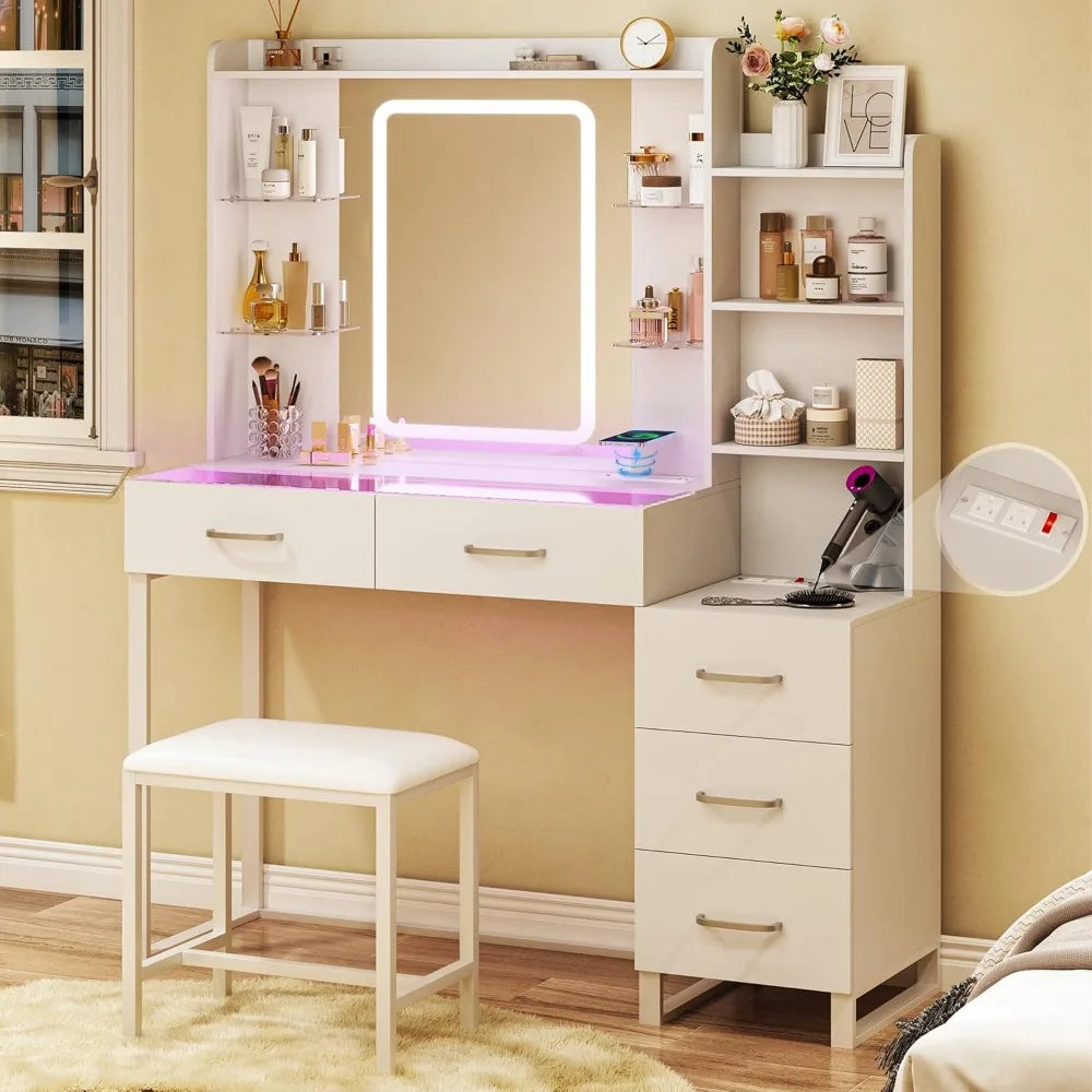 Glass Top Vanity Desk With LED Mirror And RGB Drawers