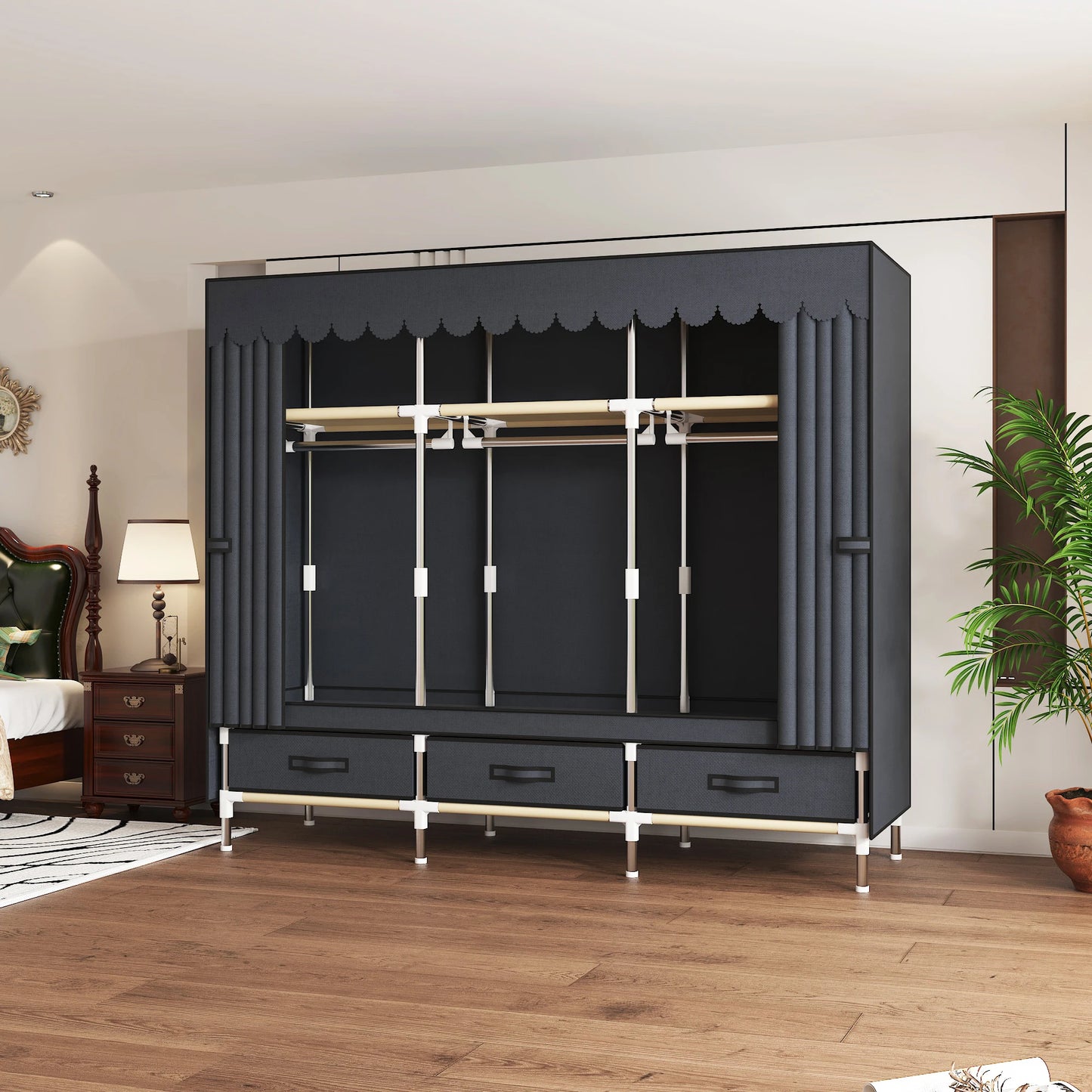 ArluKin Portable Wardrobe Closet With Steel Frame Nonwoven Dust Cover
