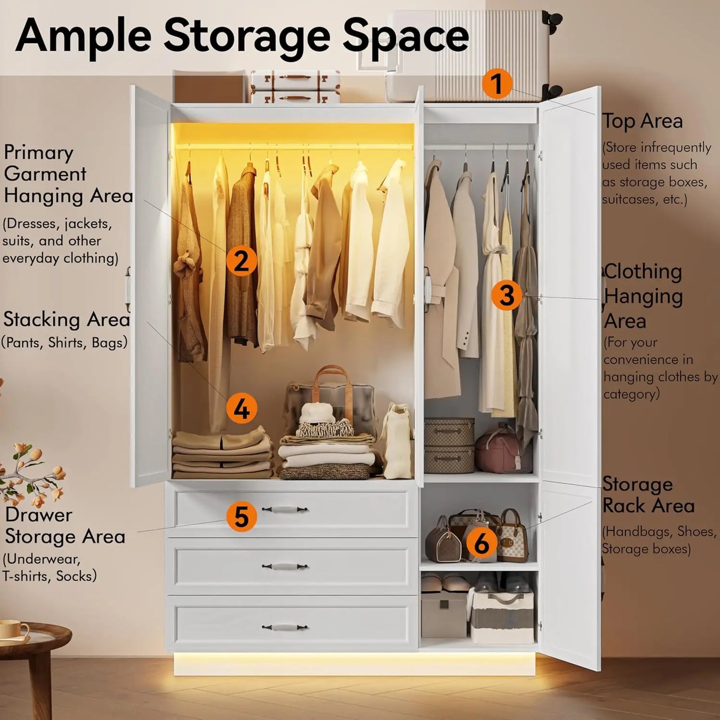 Wooden Armoire Wardrobe With LED Lighting And 3 Drawers