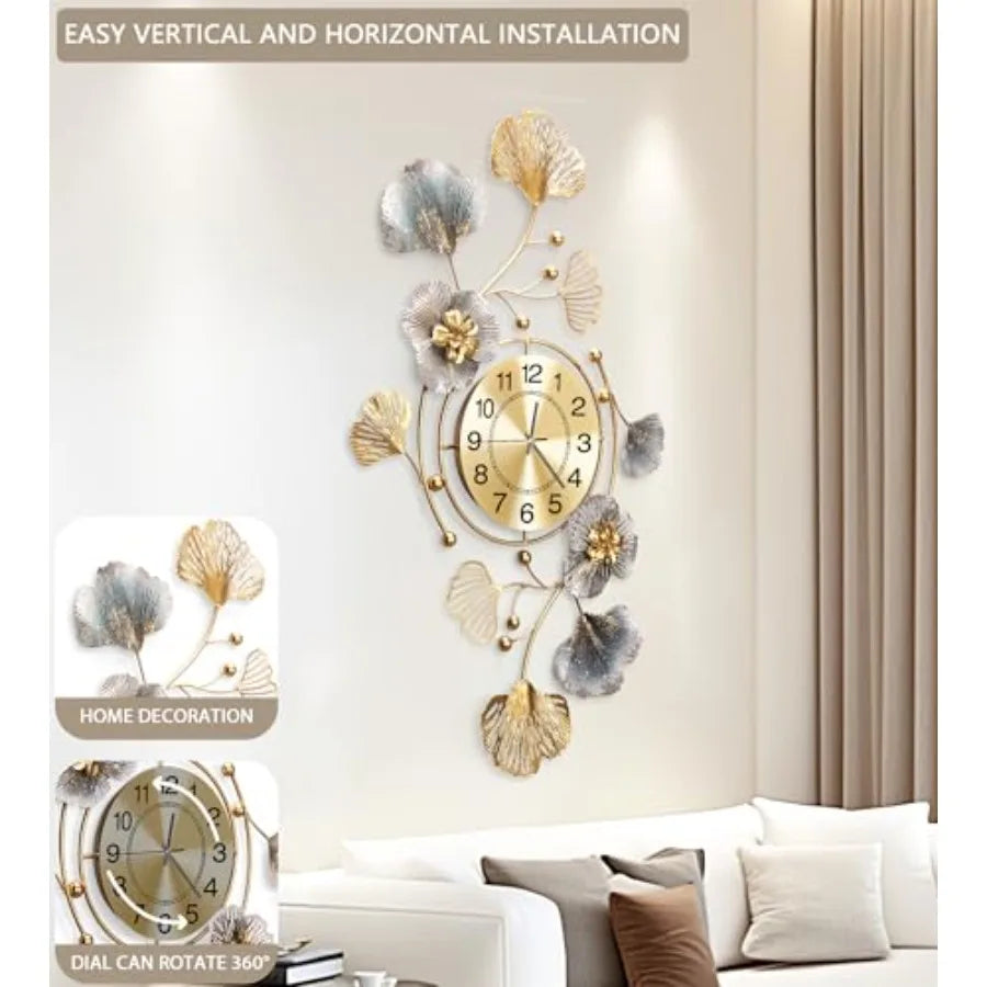 Retro Ginkgo Leaf Metal Wall Clock With Silent 3D Mechanism