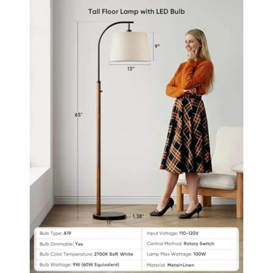 Mid Century Arc Floor Lamp With Dimmable LED Bulb Linen Shade