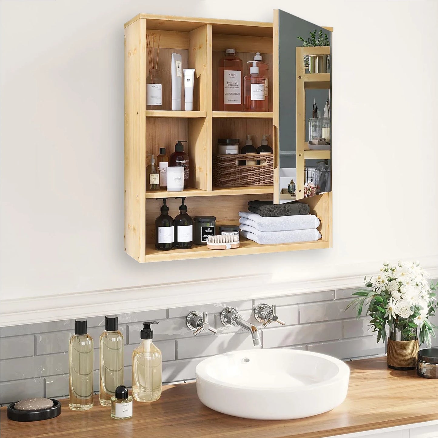Natural Bamboo Wall Bathroom Medicine Cabinet With Five Shelf Storage