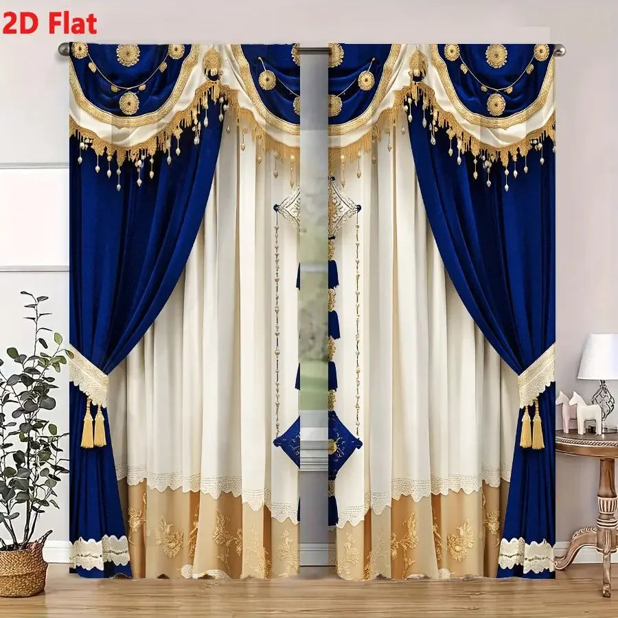 2Pcs Curtains Add 2D Flat Opulent Royal Blue Velvet Curtains With Gold Trim Cream Sheer Panels Ornate Tassels Window Drapes for