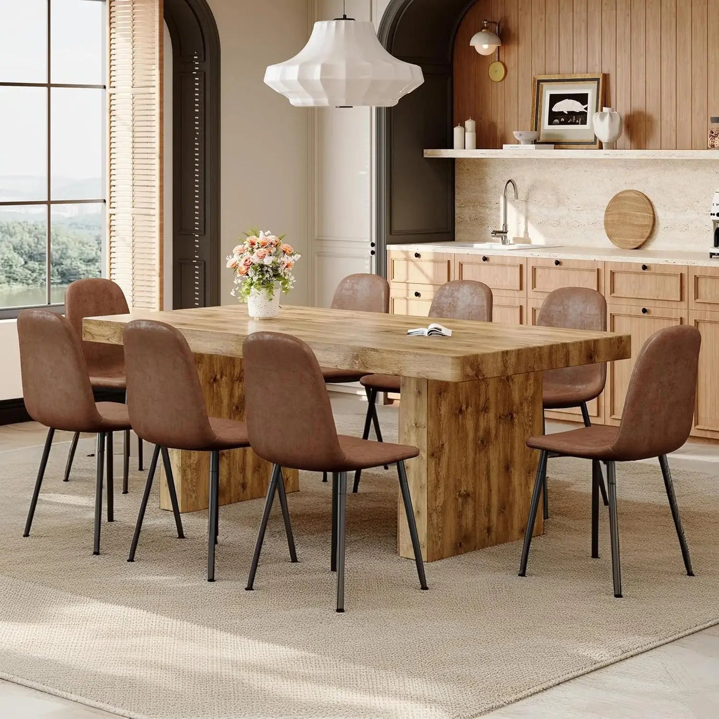GUOHE Modern Farmhouse Dining Table Set With Faux Leather Chairs