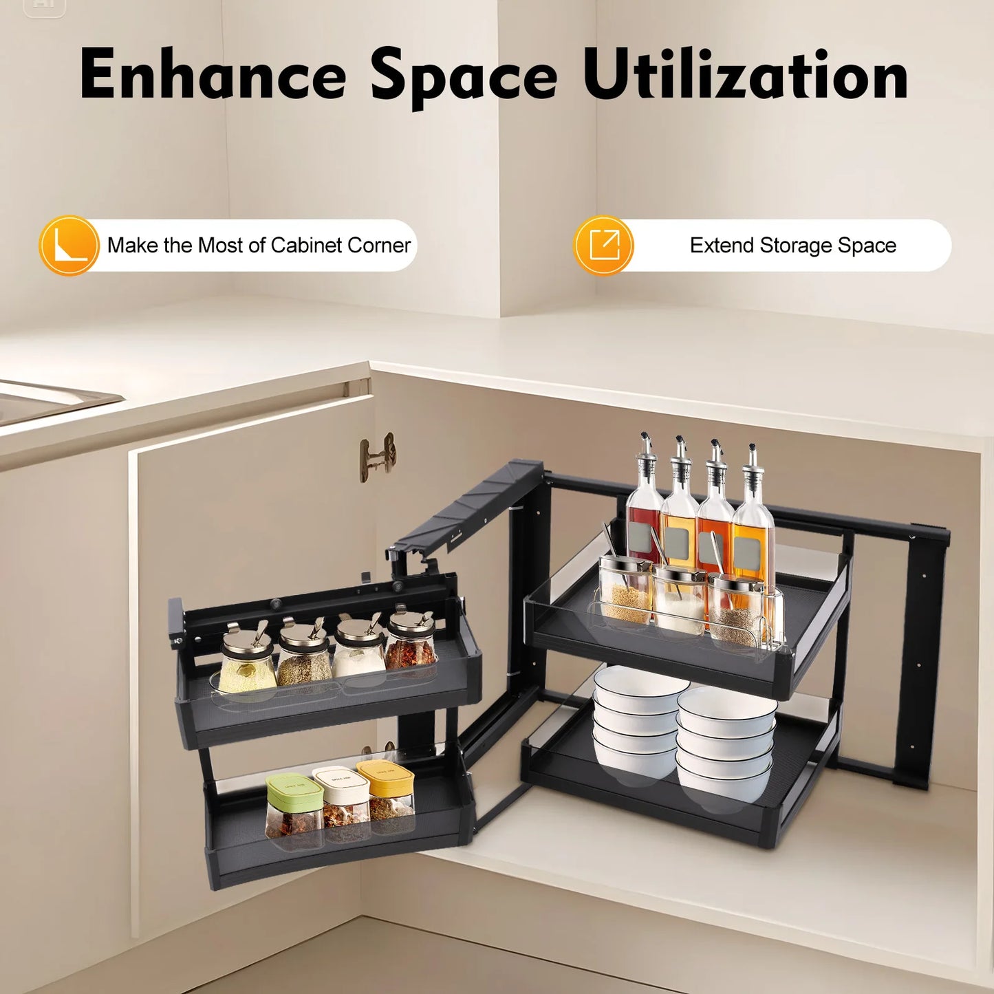 Bymaocar Blind Corner Cabinet Pull-Out Organizer, 2-Tier Swing Tray