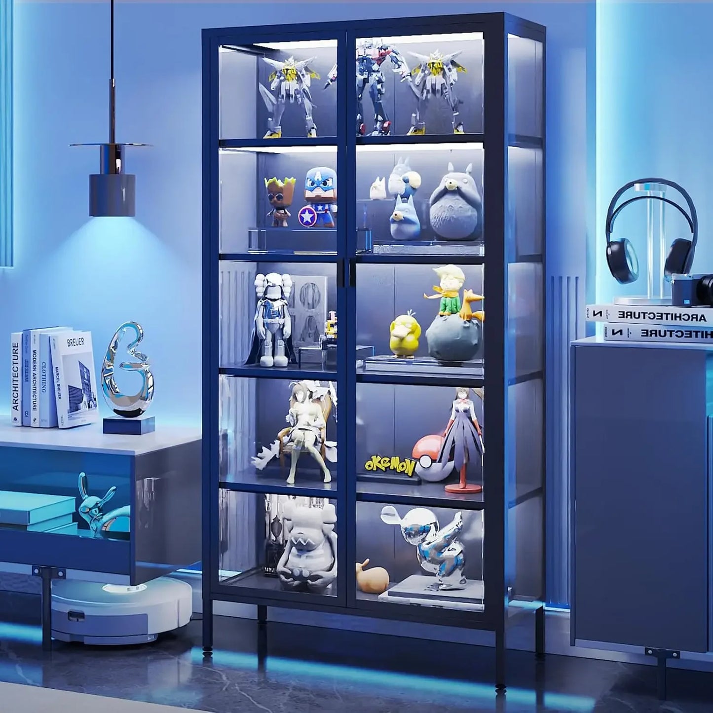 Glass Display Cabinet With LED Lights And Adjustable Shelves