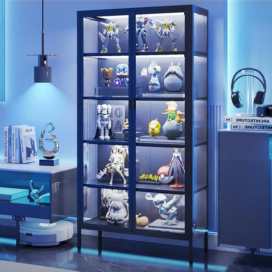 Glass Display Cabinet With LED Lights And Adjustable Shelves