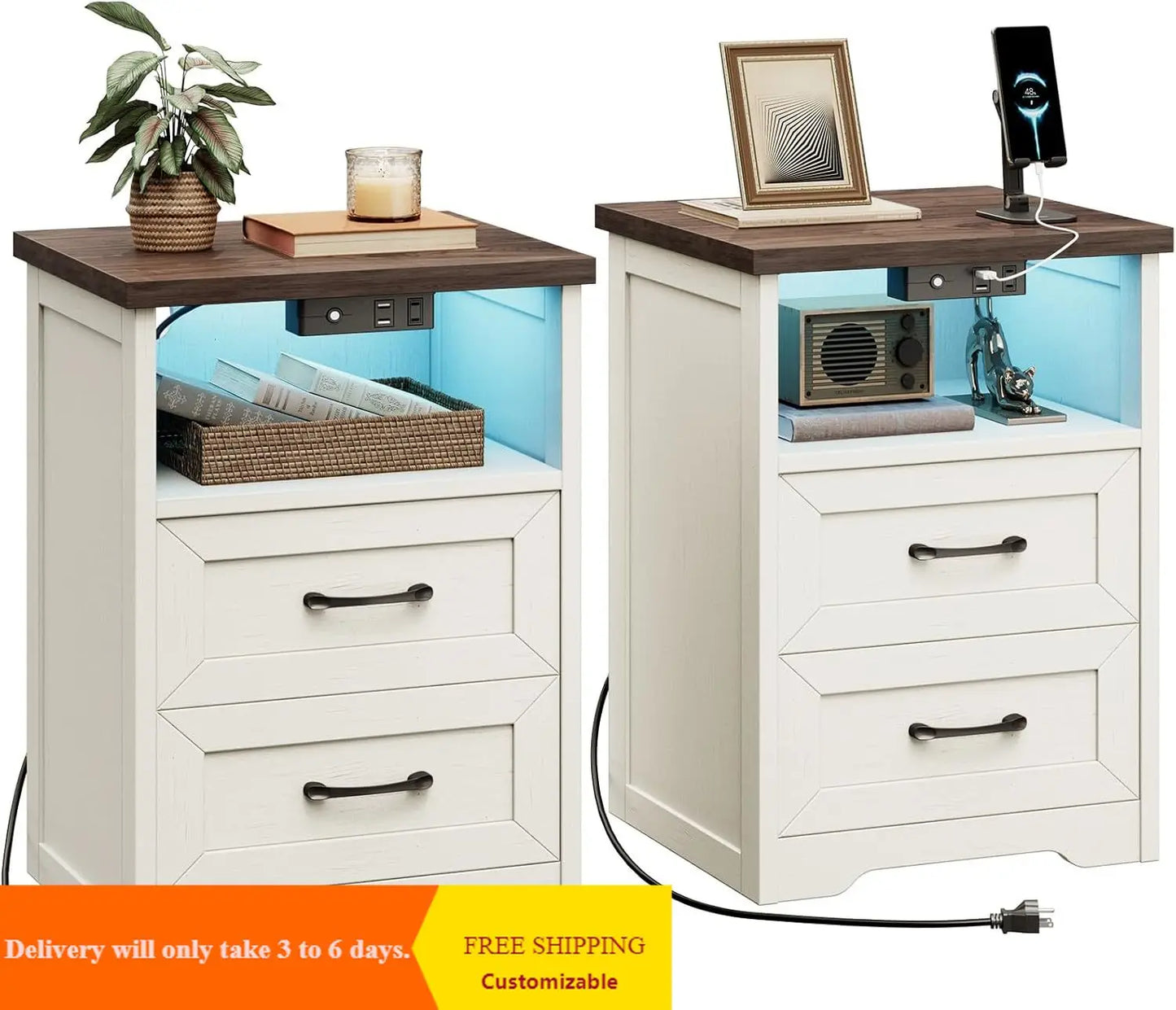 Farmhouse Nightstand Set of 2 With LED Lights and USB