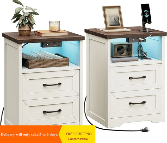 Farmhouse Nightstand Set of 2 With LED Lights and USB