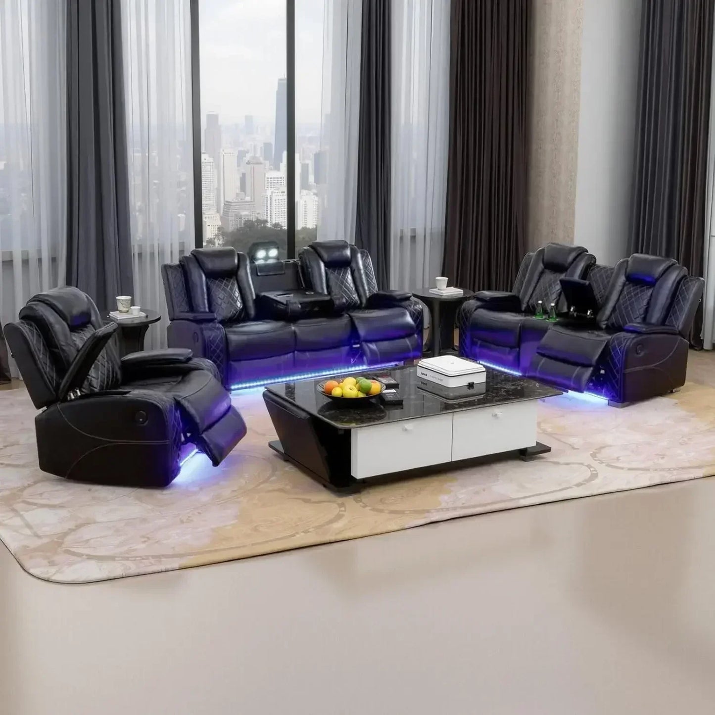 Electric Recliner Chair With LED Light And Wireless Charging Sofa Set