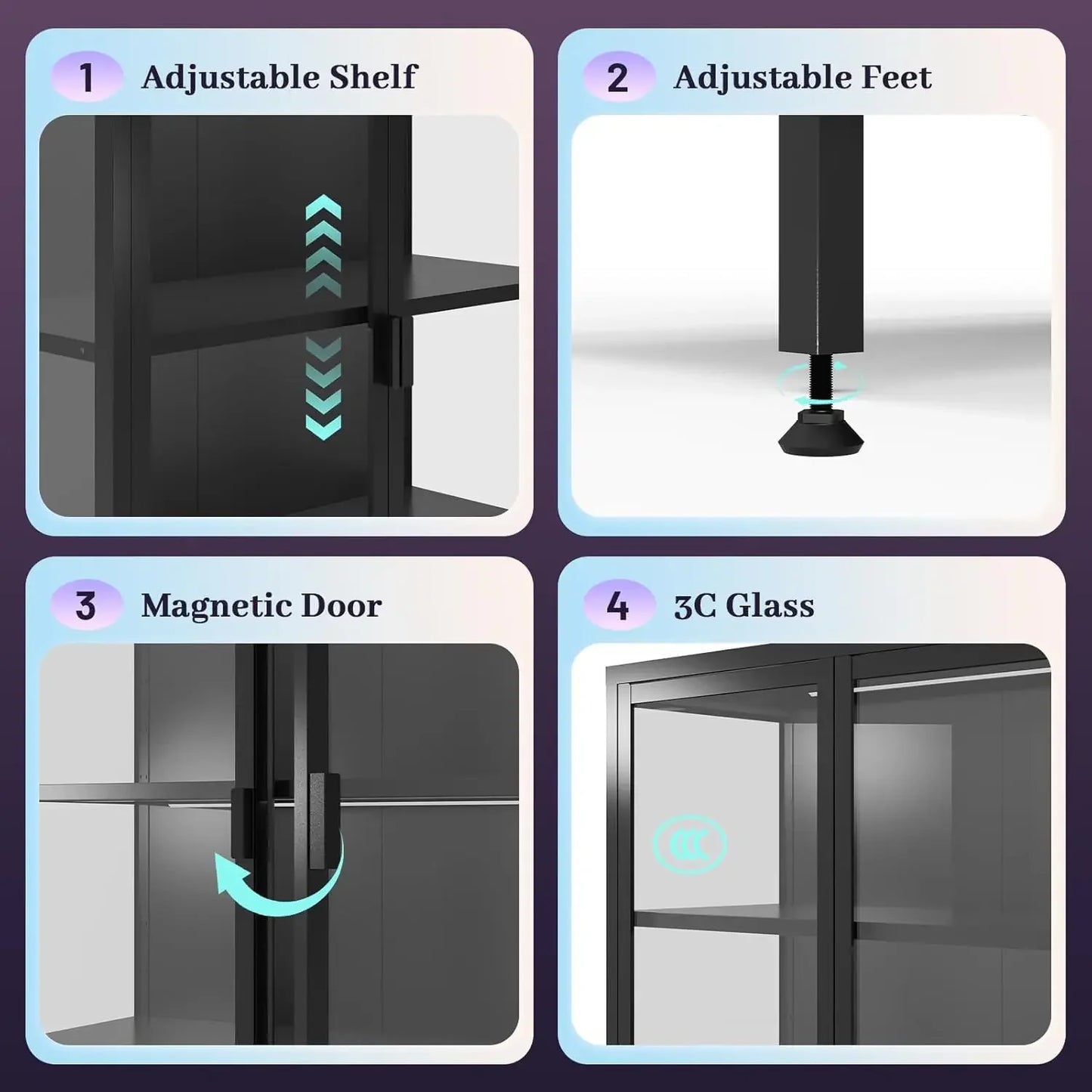 Glass Display Cabinet With LED Lights And Adjustable Shelves