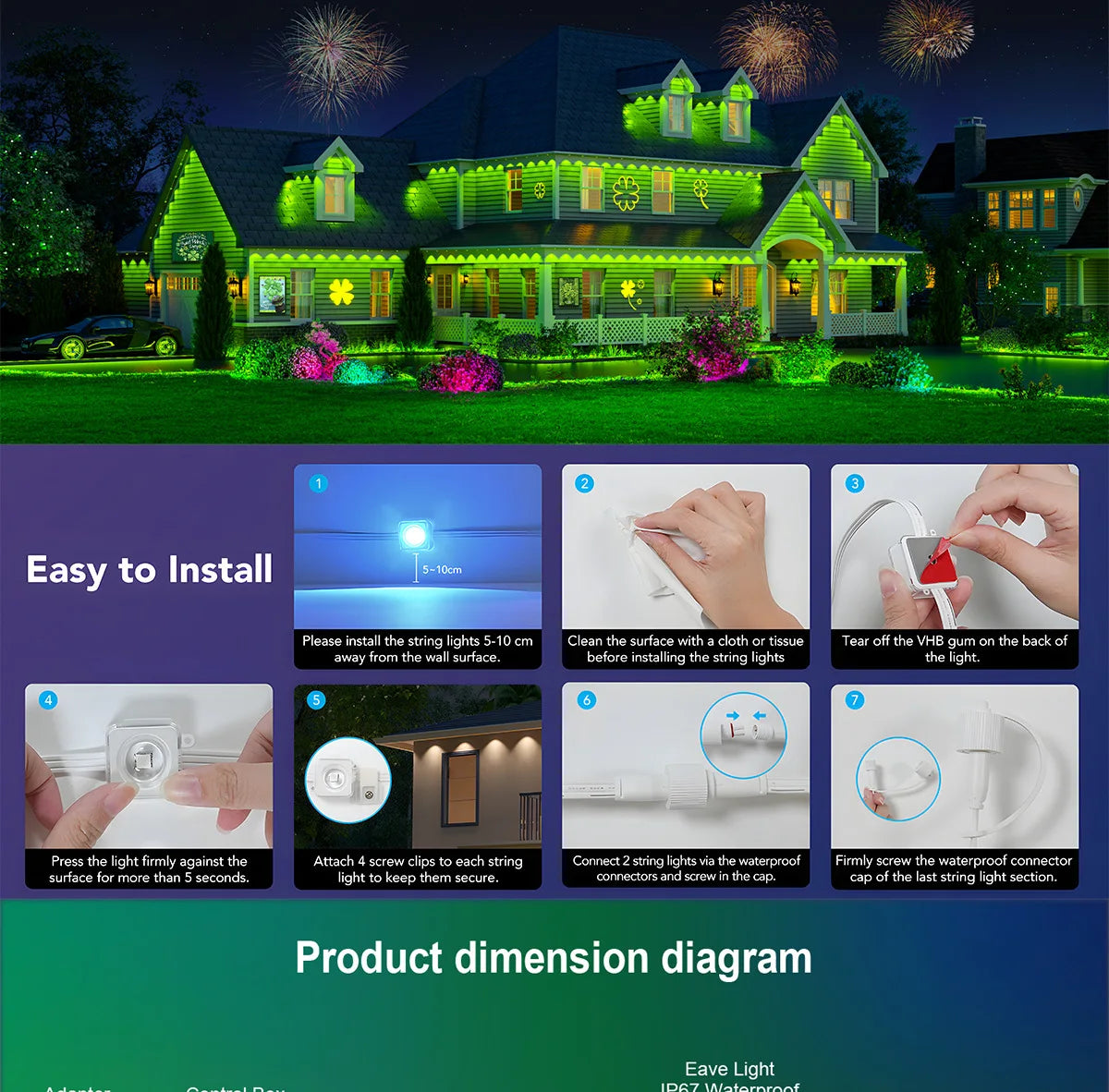 MIMIRGB Outdoor Eaves Lights LED String Strip With App Control