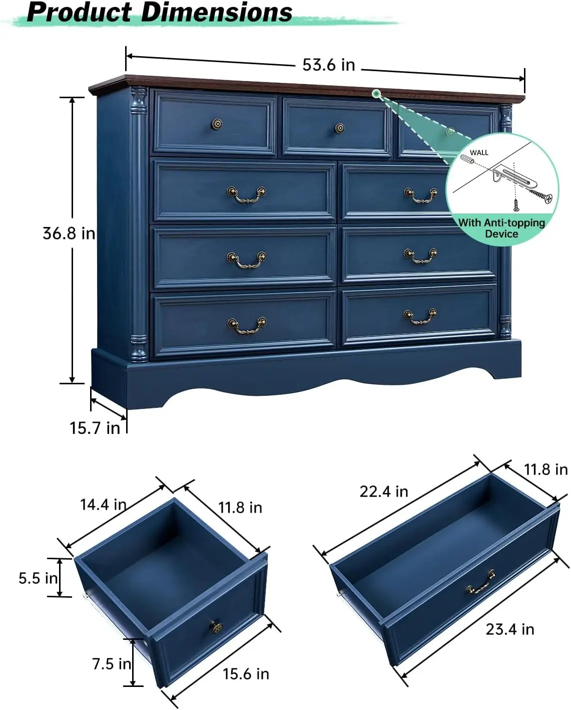 Farmhouse 9 Drawers Dresser for Bedroom with Charging Station, 54" Wide Wood Country Rustic Storage Dressers Organizer