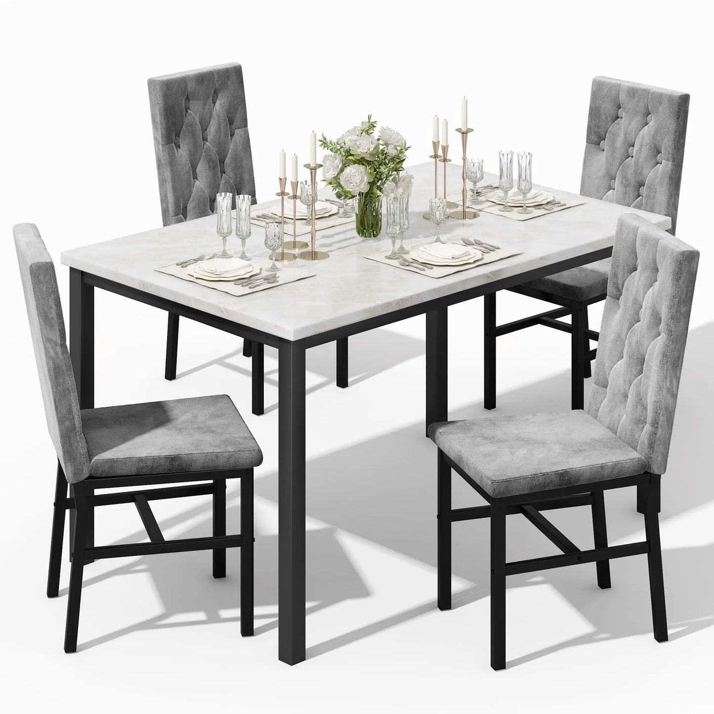 Hooseng Faux Marble Dining Table Set For 4 Tufted Chairs