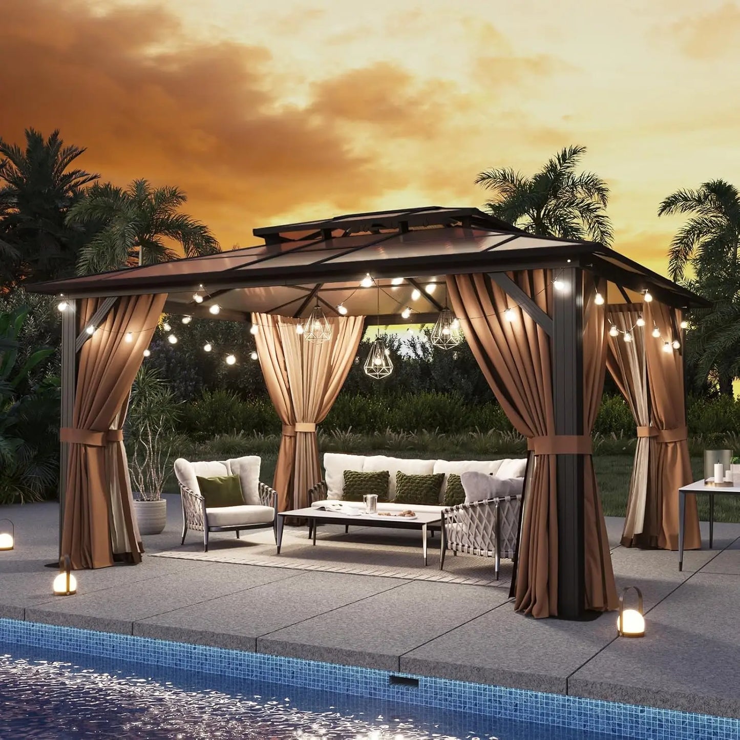 Aluminum Frame Gazebo With Polycarbonate Double Roof And Curtains Netting