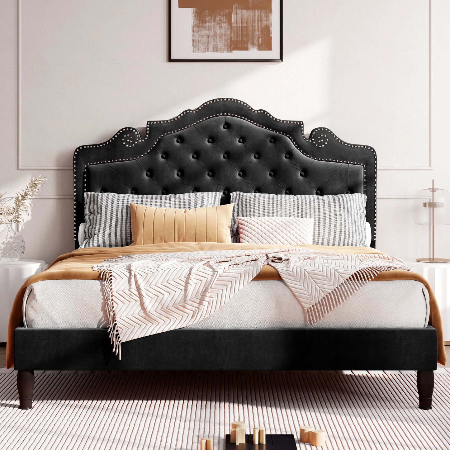 HOOMIC Velvet Tiara Headboard Bed Frame With Diamond Button Tufted Platform