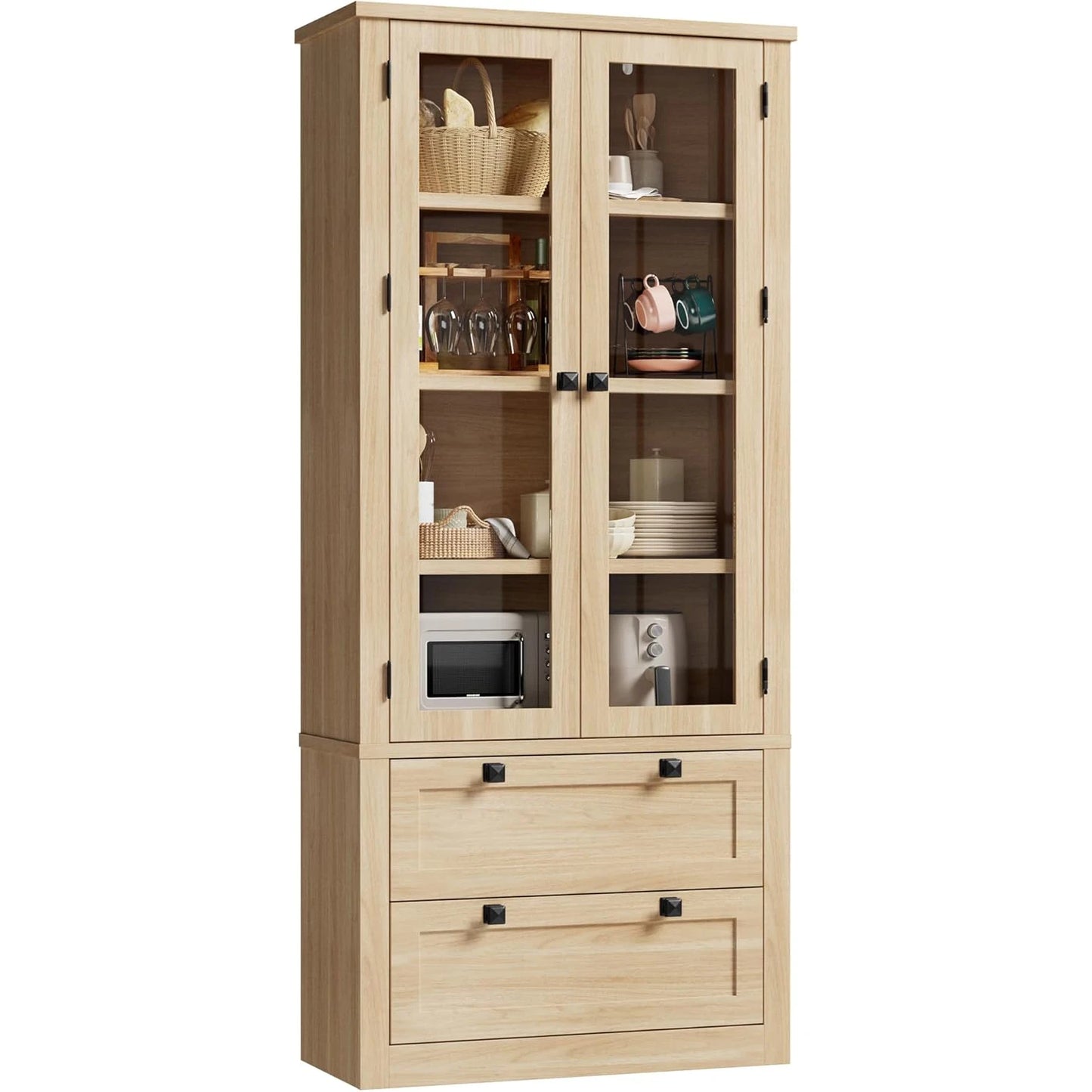 Modern Kitchen Pantry Cabinet with Glass Doors,72" Tall 2 Large Drawers,Adjustable Shelves,Durable MDF Storage Sideboard