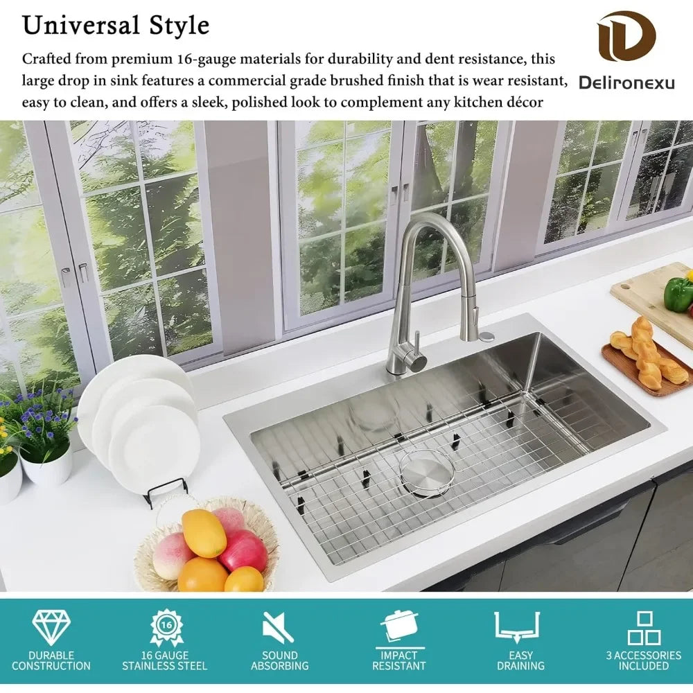 XMSJ Drop-In Kitchen Sink 16-Gauge Stainless Steel
