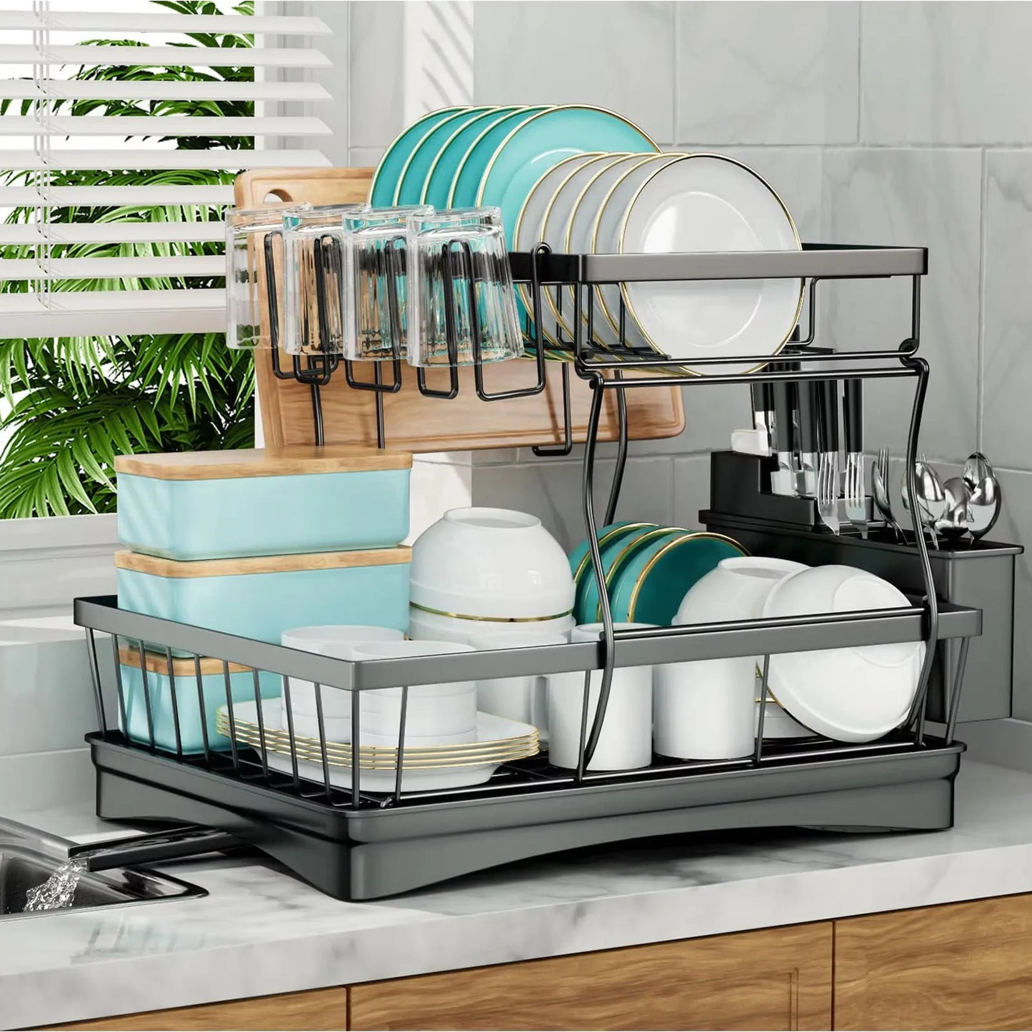 Removable Two-Tier Dish Drying Rack for Kitchen Countertops