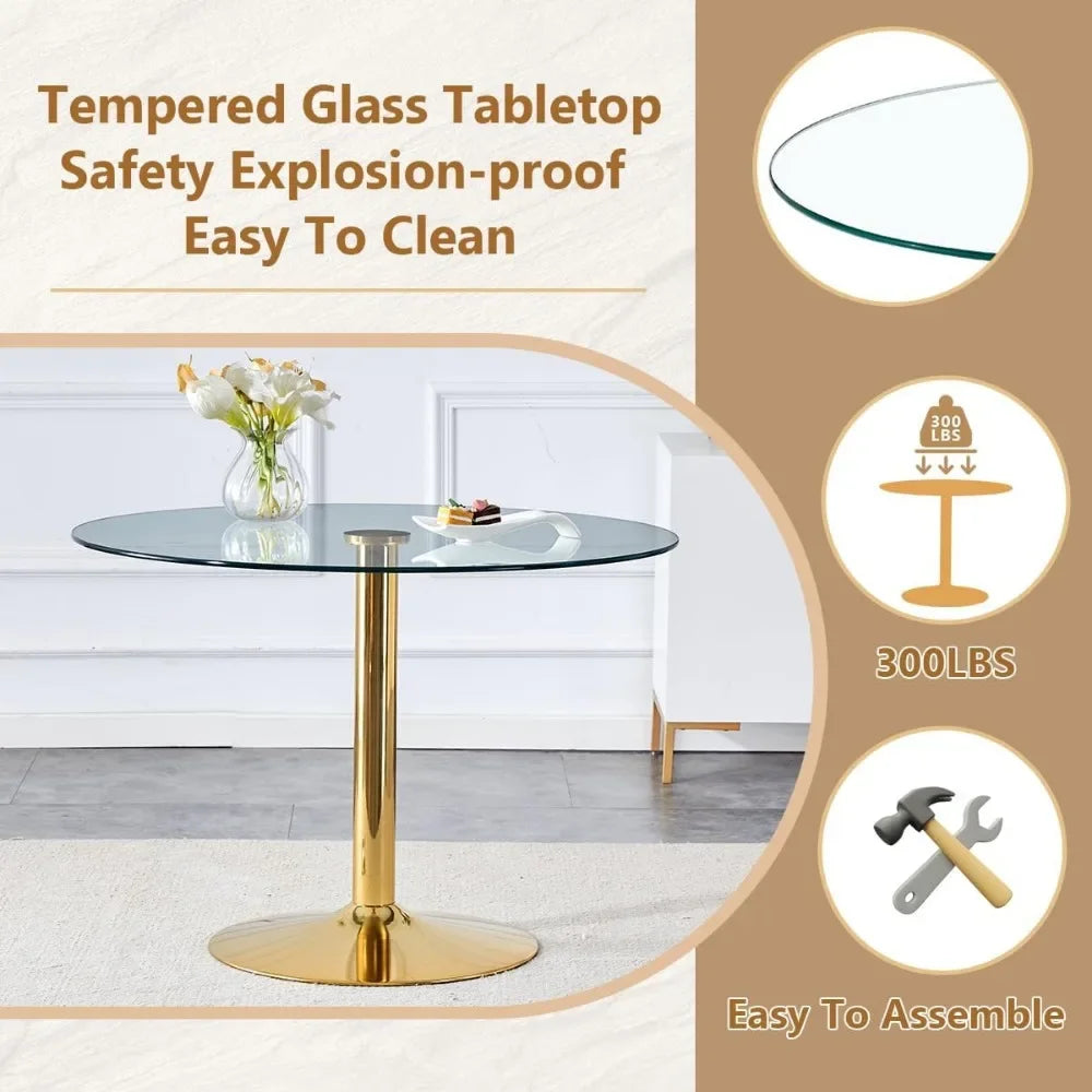 Round Glass Dining Table Set For Four With Metal Legs