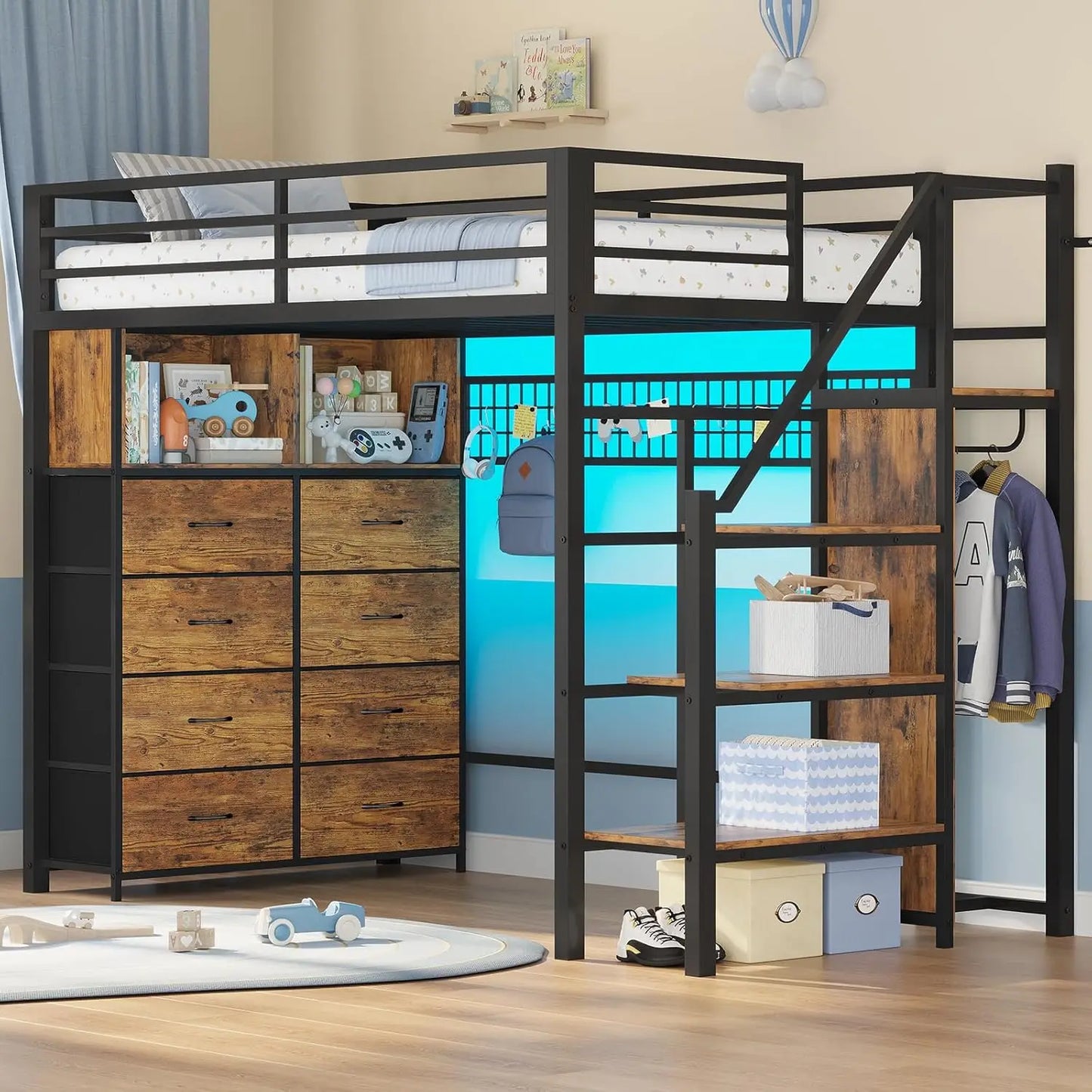 Metal Loft Bed With Storage Stairs LED Lights And Shelves