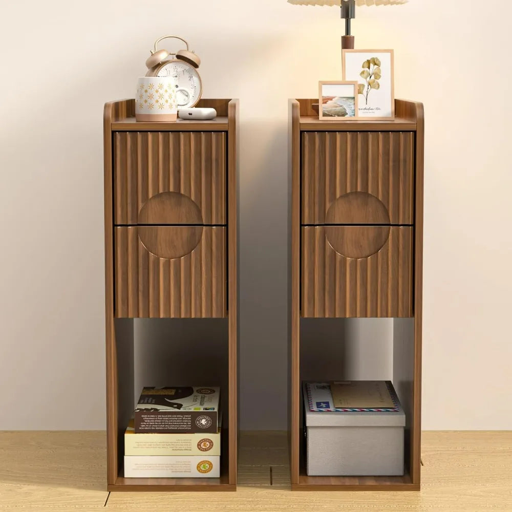 Jluomei Narrow Fluted Wooden Nightstand Two Drawer Bedside Table