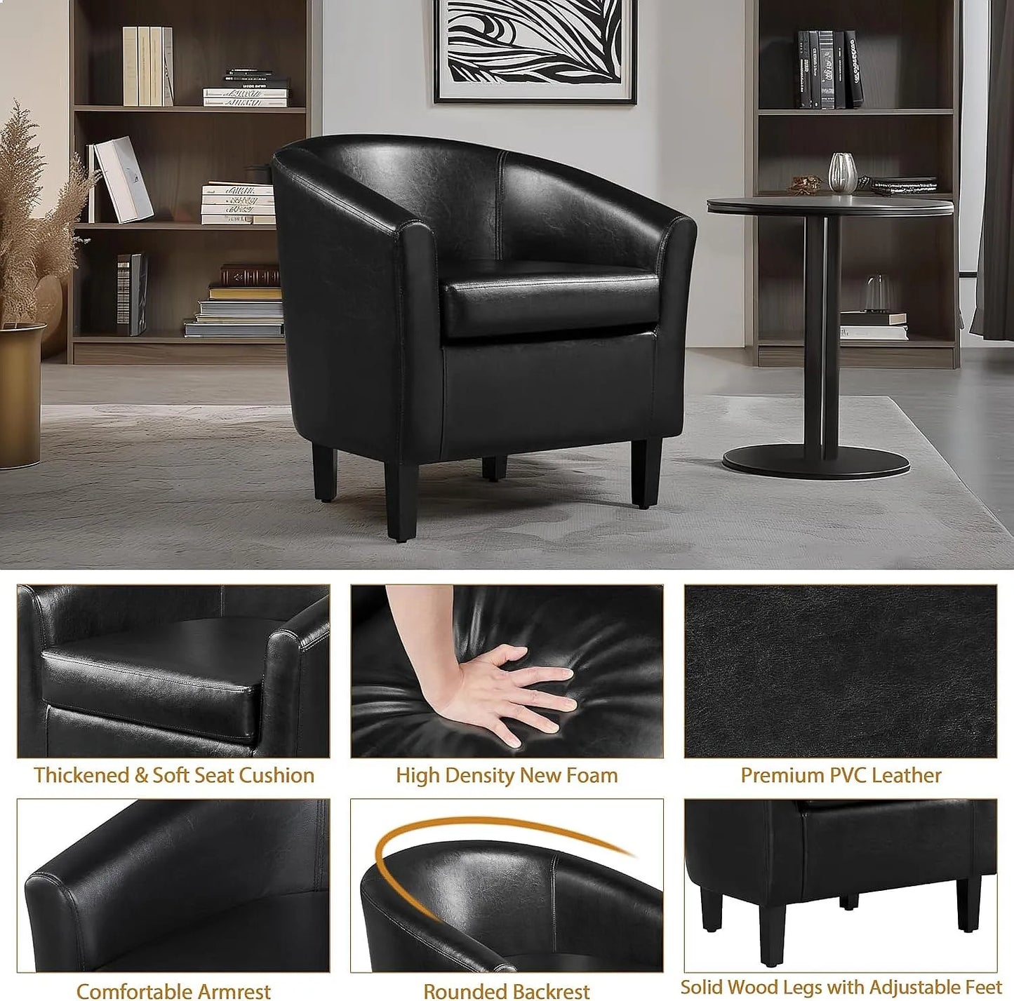Barrel Chairs Set of 2 Faux Leather Club Armchairs PU Accent Chairs with Padded Seat for Living Room Black