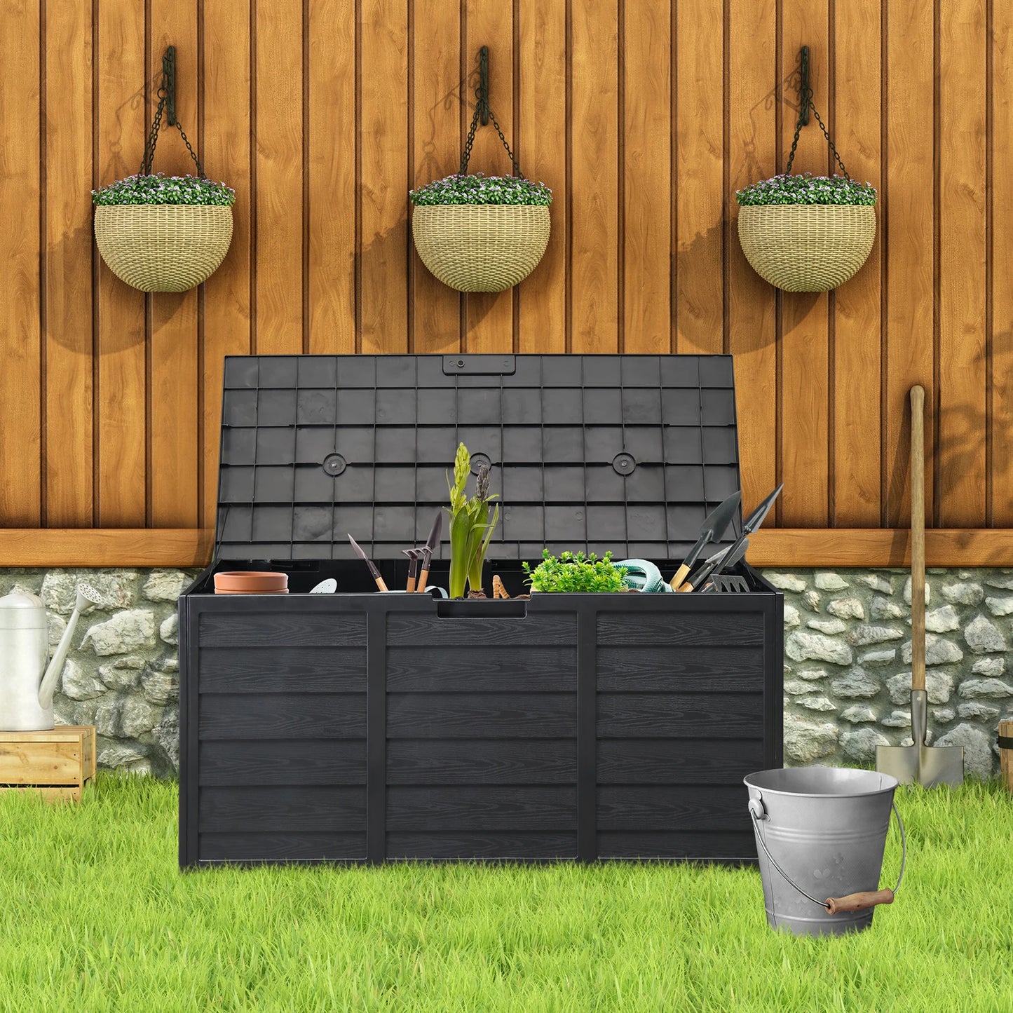 Outdoor Garden Storage Box with Wheels and Lockable Seat