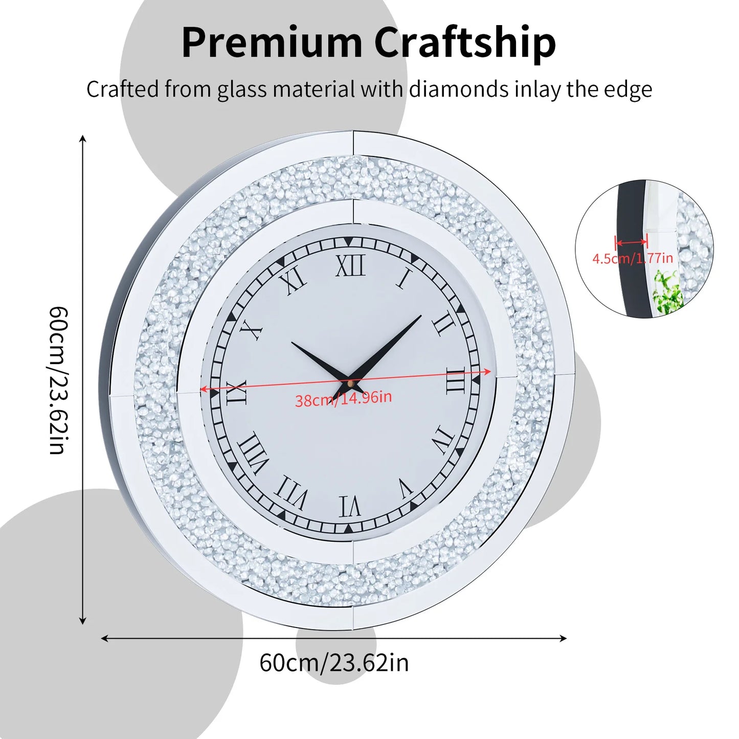 Round Mirror Clock With Crystal Sparkle Accents For Wall Decor