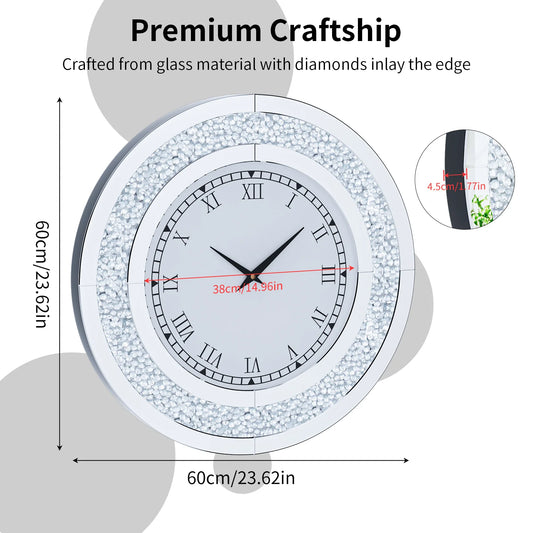 Round Mirror Clock With Crystal Sparkle Accents For Wall Decor