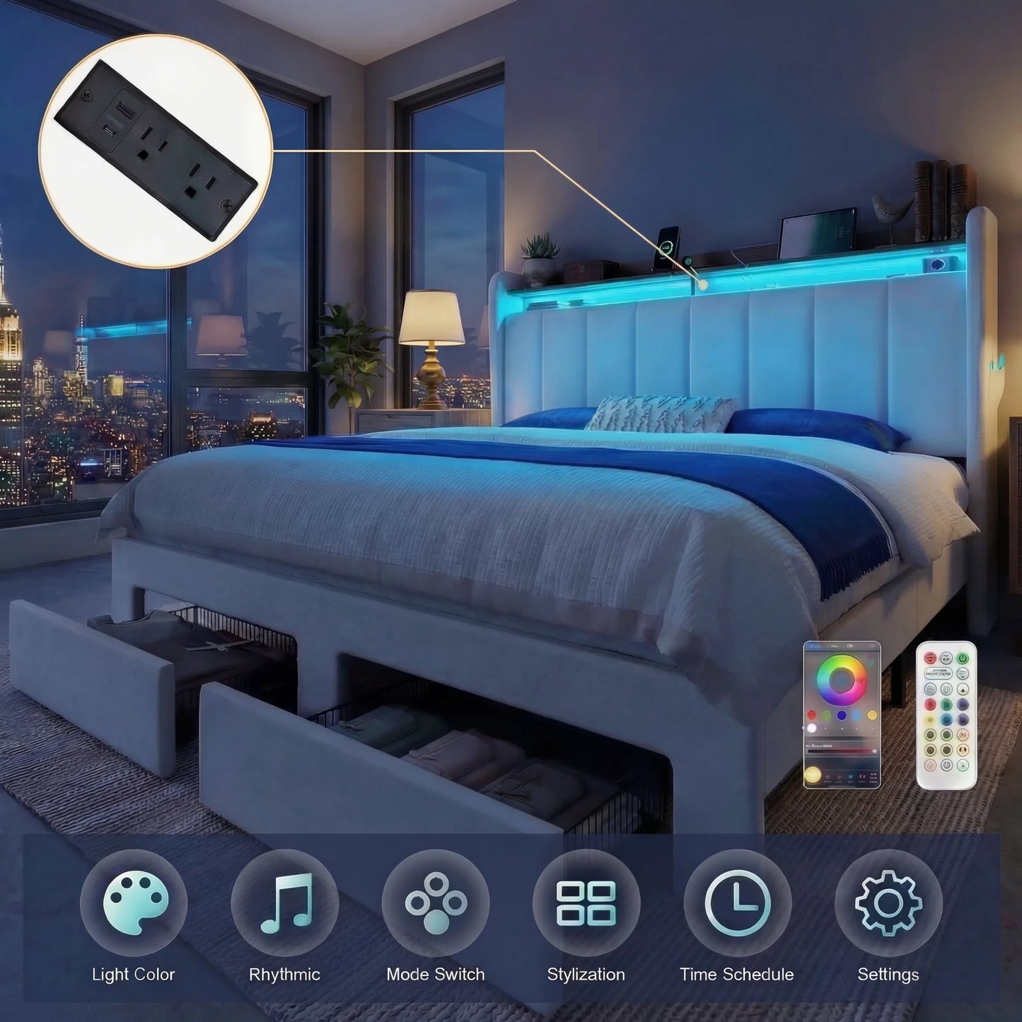 HOOMIC Bed Frame With LED Lights 2 Storage Drawers Shelves No Box Spring Needed