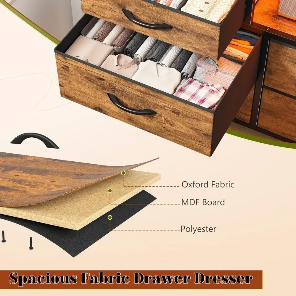LED Light & Power Outlet Equipped 12-Drawer Dresser TV Stand for 60'' TV Bedroom Fabric Dressers  Chest for Storage Customized