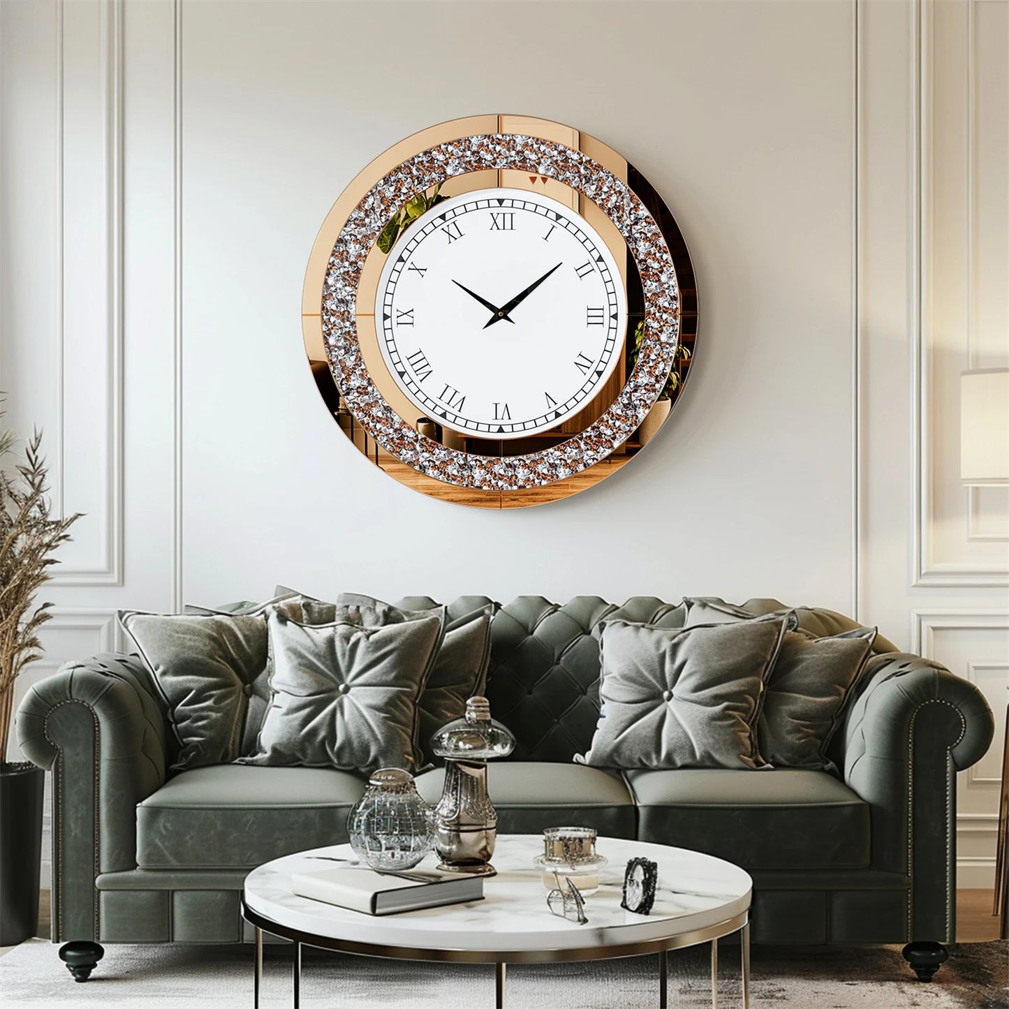 Round Mirror Clock With Crystal Sparkle Accents For Wall Decor